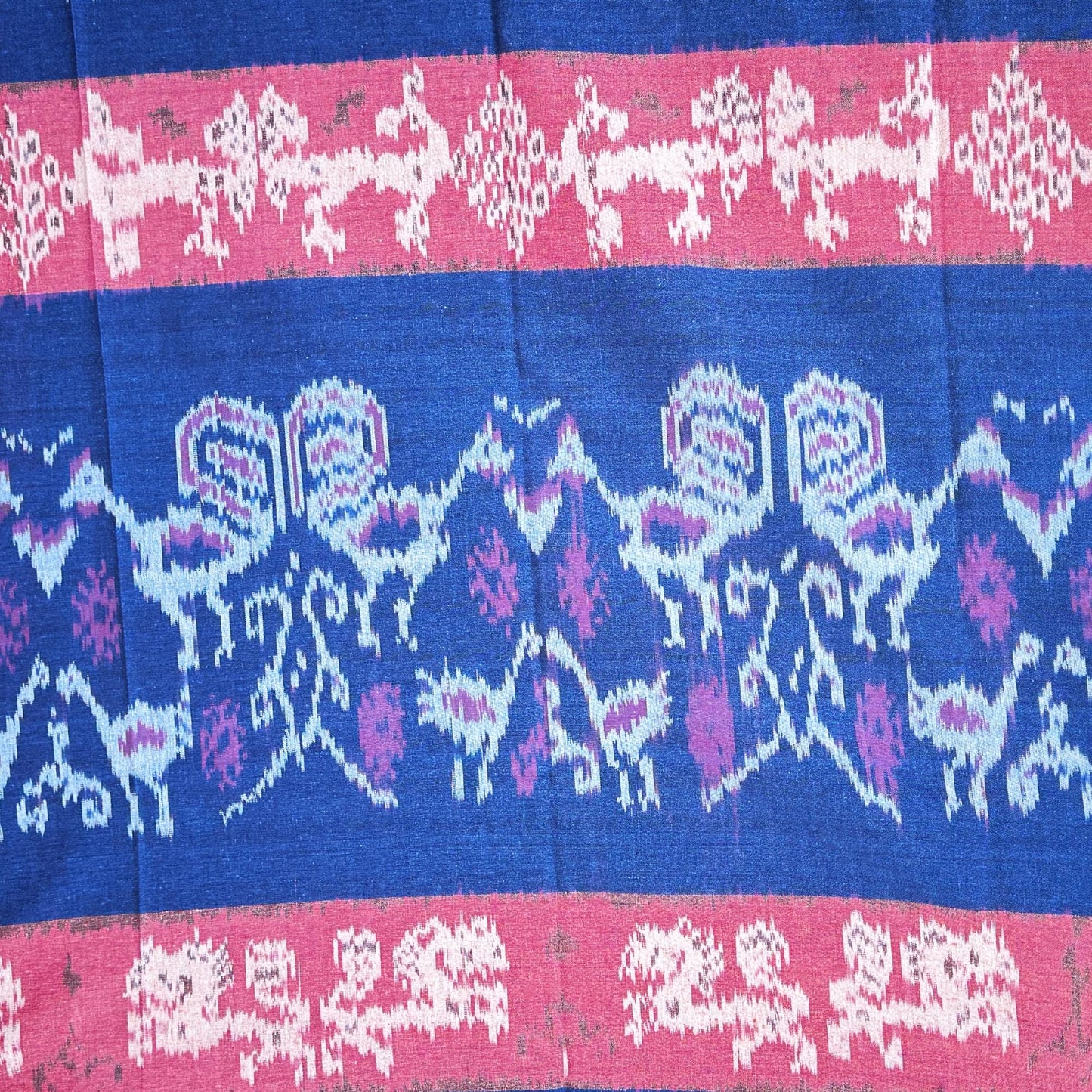 Handwoven Indonesian Cotton Ikat  Blanket: Red Indigo Chicken Motif. hand loomed cloth