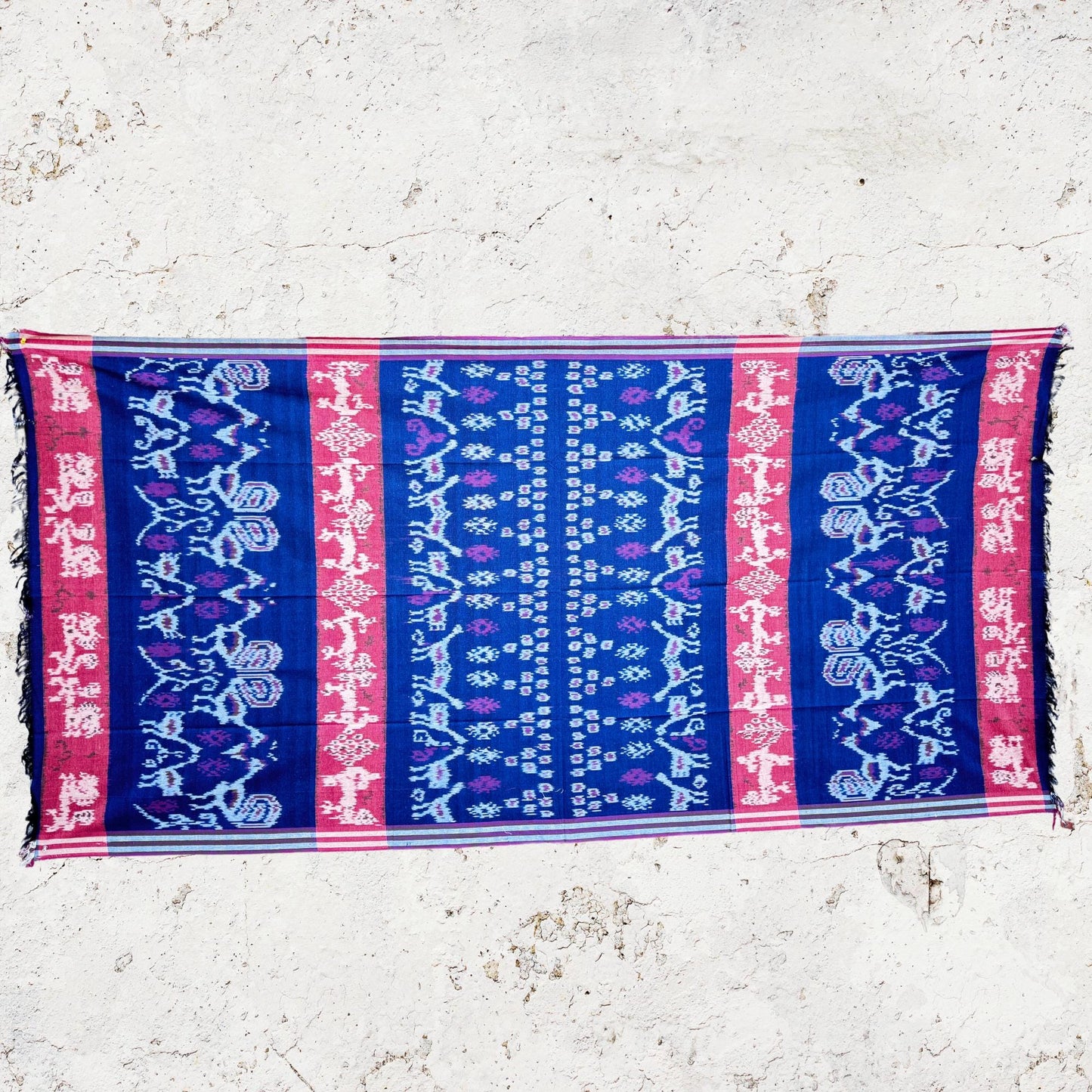 Handwoven Indonesian Cotton Ikat  Blanket: Red Indigo Chicken Motif. hand loomed cloth
