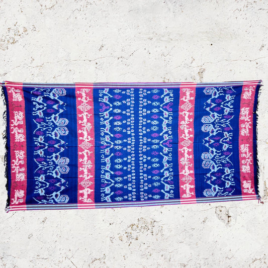 Handwoven Indonesian Cotton Ikat  Blanket: Red Indigo Chicken Motif. hand loomed cloth - Acadia World Traders