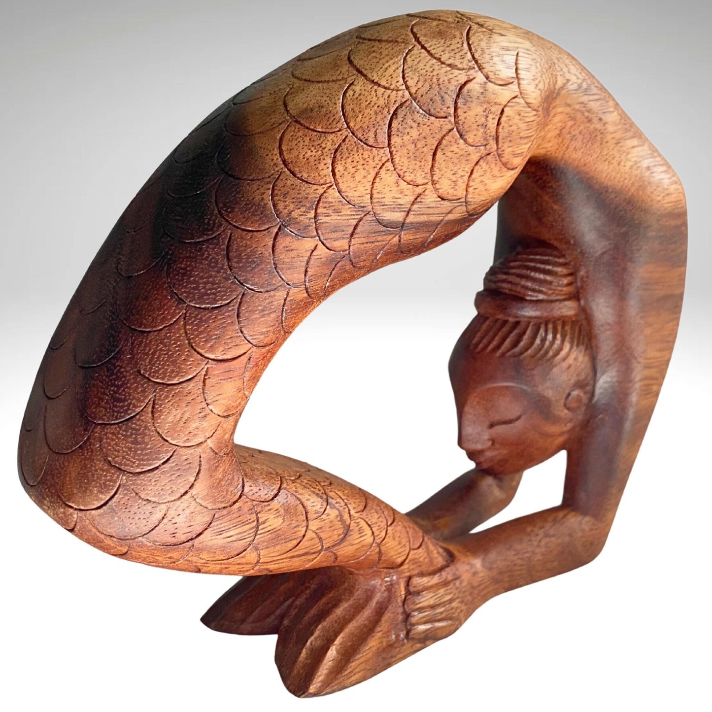 Hand Carved Wood Mermaid Statue: Kapotasana Yoga Pose Sculpture, Balinese Art