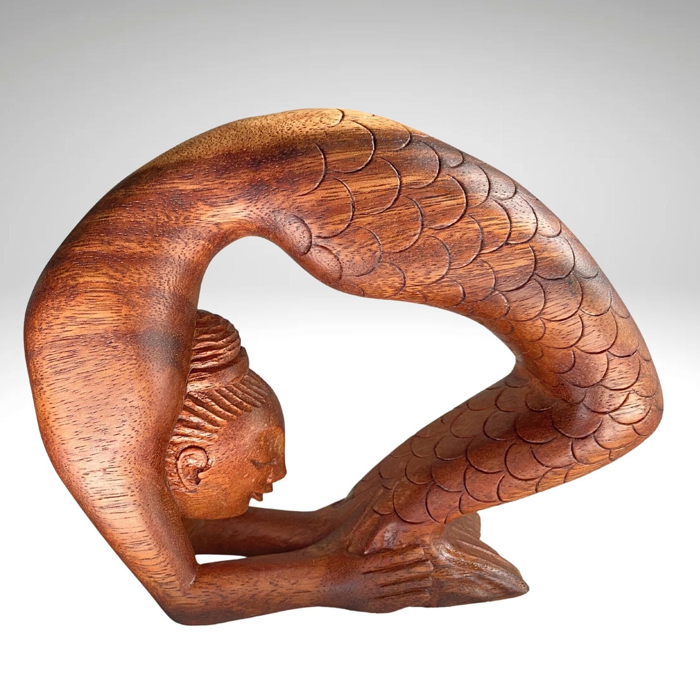 Hand Carved Wood Mermaid Statue: Kapotasana Yoga Pose Sculpture, Balinese Art