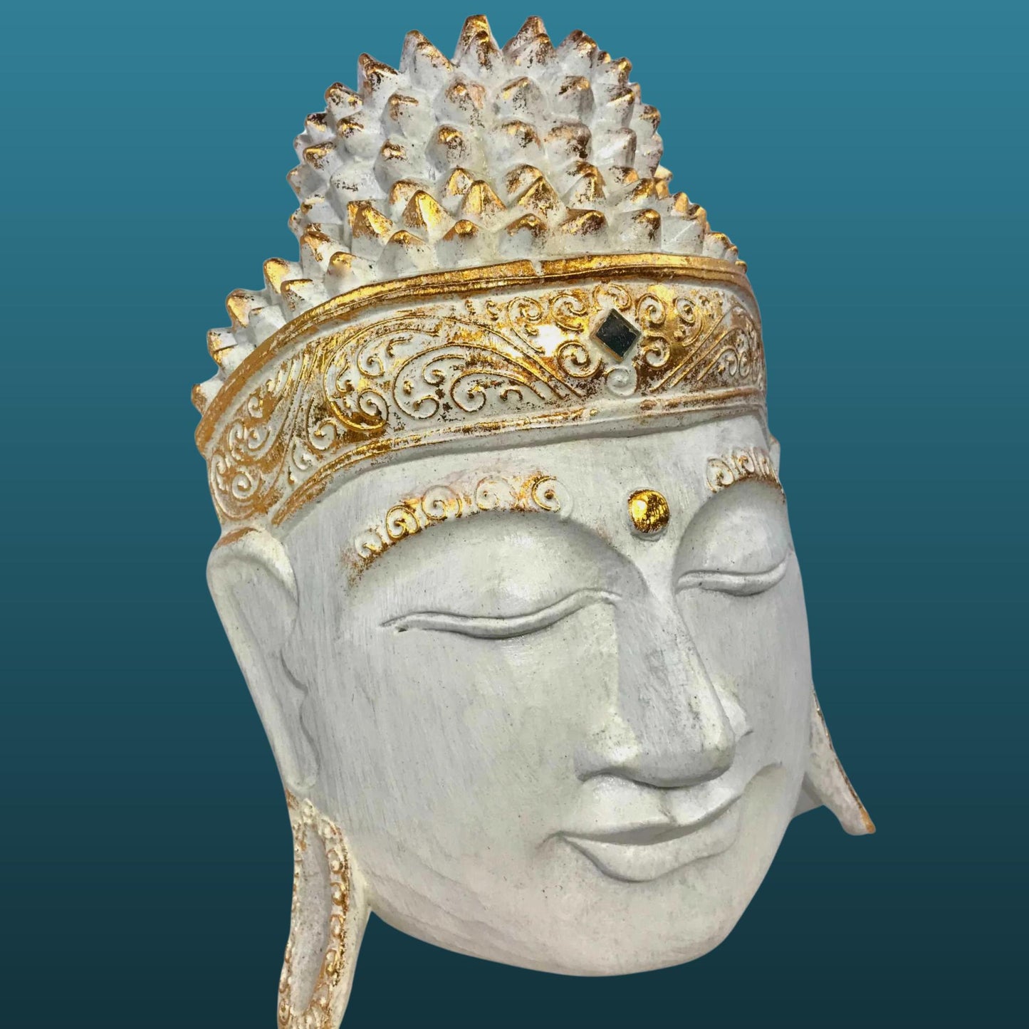 Hand Carved White Buddha Mask: Balinese Wood Wall Art