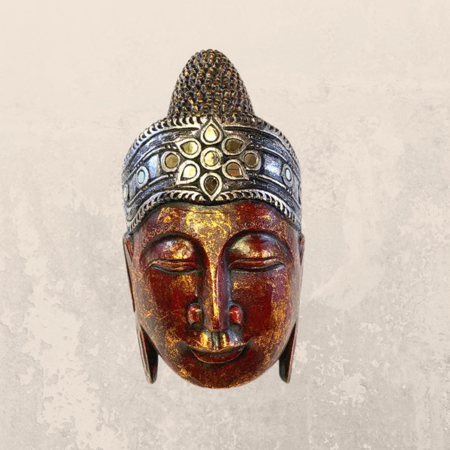 Balinese Hand Carved Red Buddha Mask: Bali Wood Carving  Wall Art Sculpture