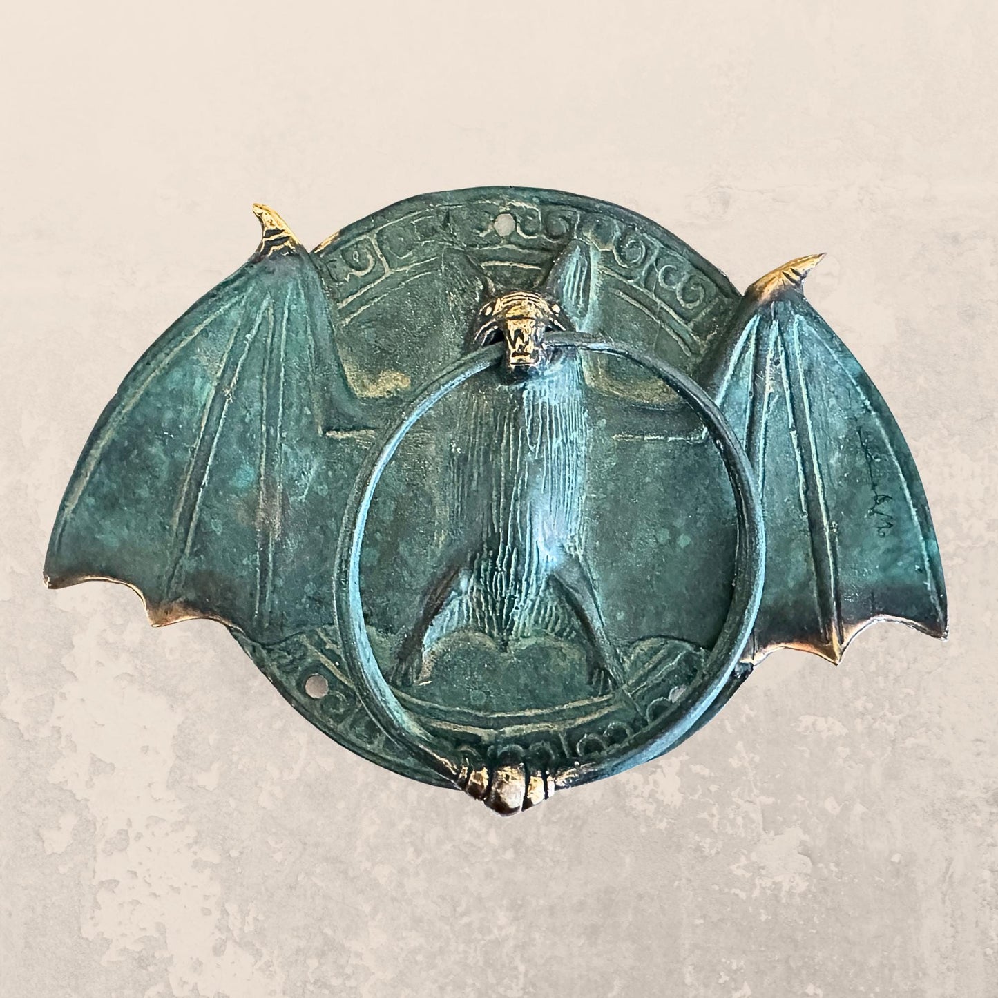 Gothic Bronze Bat Door Knocker: Metal Door Pull, Verdigris Patina, Bali Art