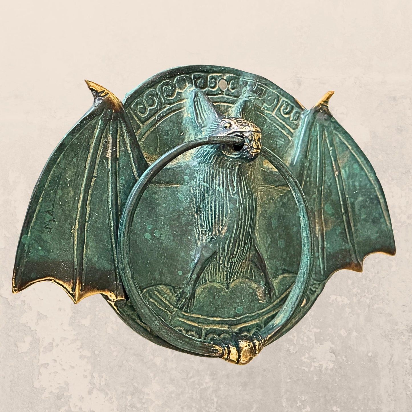 Gothic Bronze Bat Door Knocker: Metal Door Pull, Verdigris Patina, Bali Art