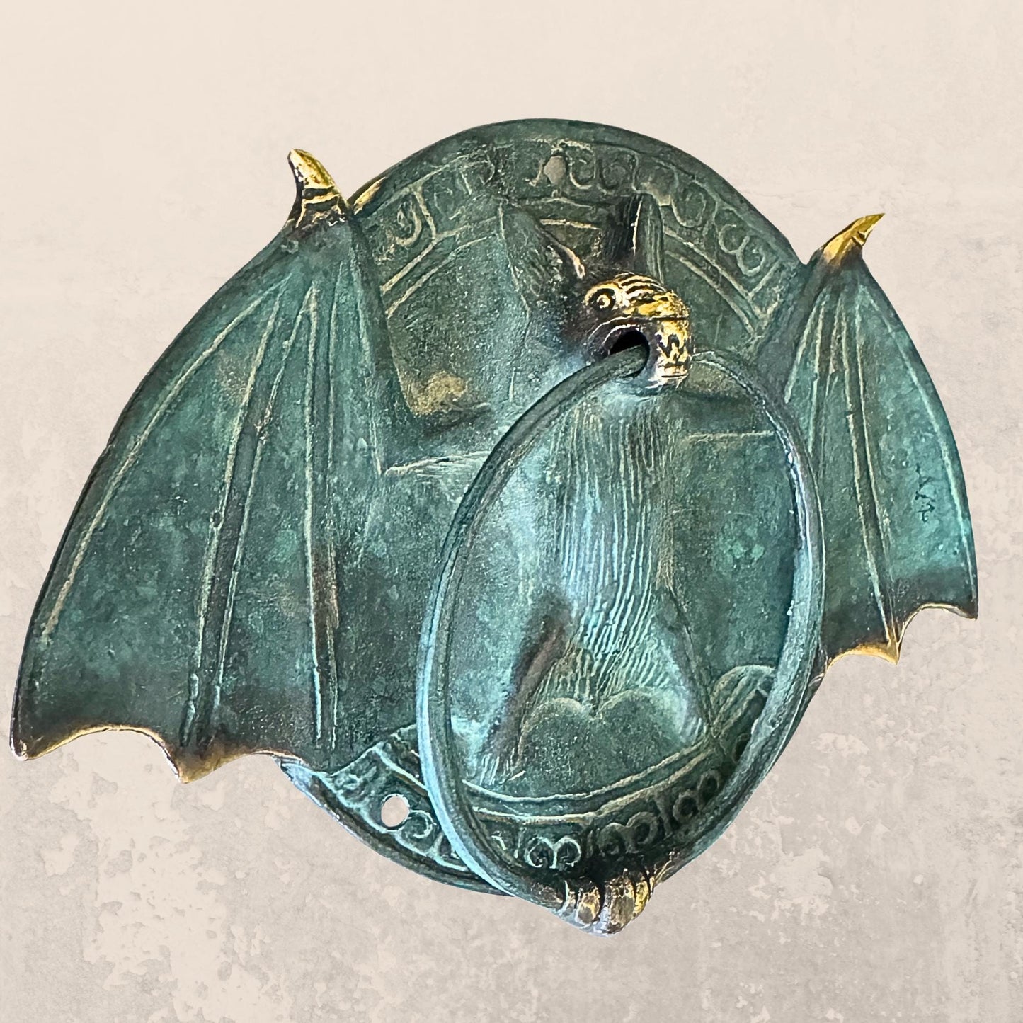 Gothic Bronze Bat Door Knocker: Metal Door Pull, Verdigris Patina, Bali Art
