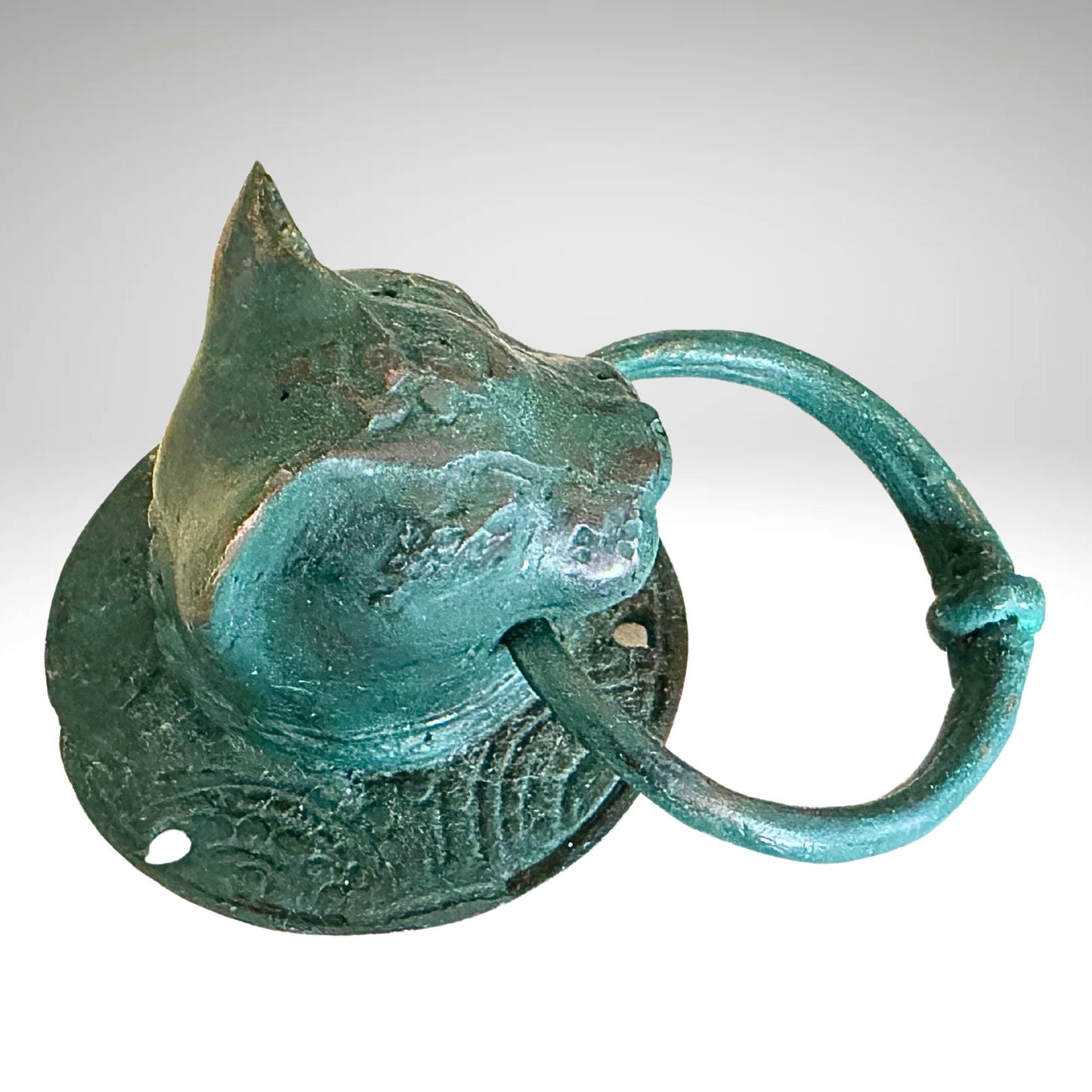 Cat Door Knocker handle knob Pull lost wax Cast Verdigris Bronze Bali Art