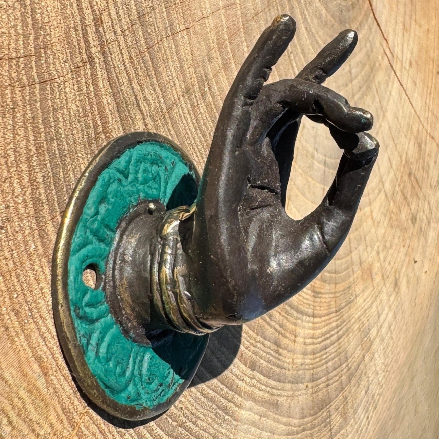 Vintage Buddha Mudra hands Bronze drawer pull knob hook handle Bali Art set 2