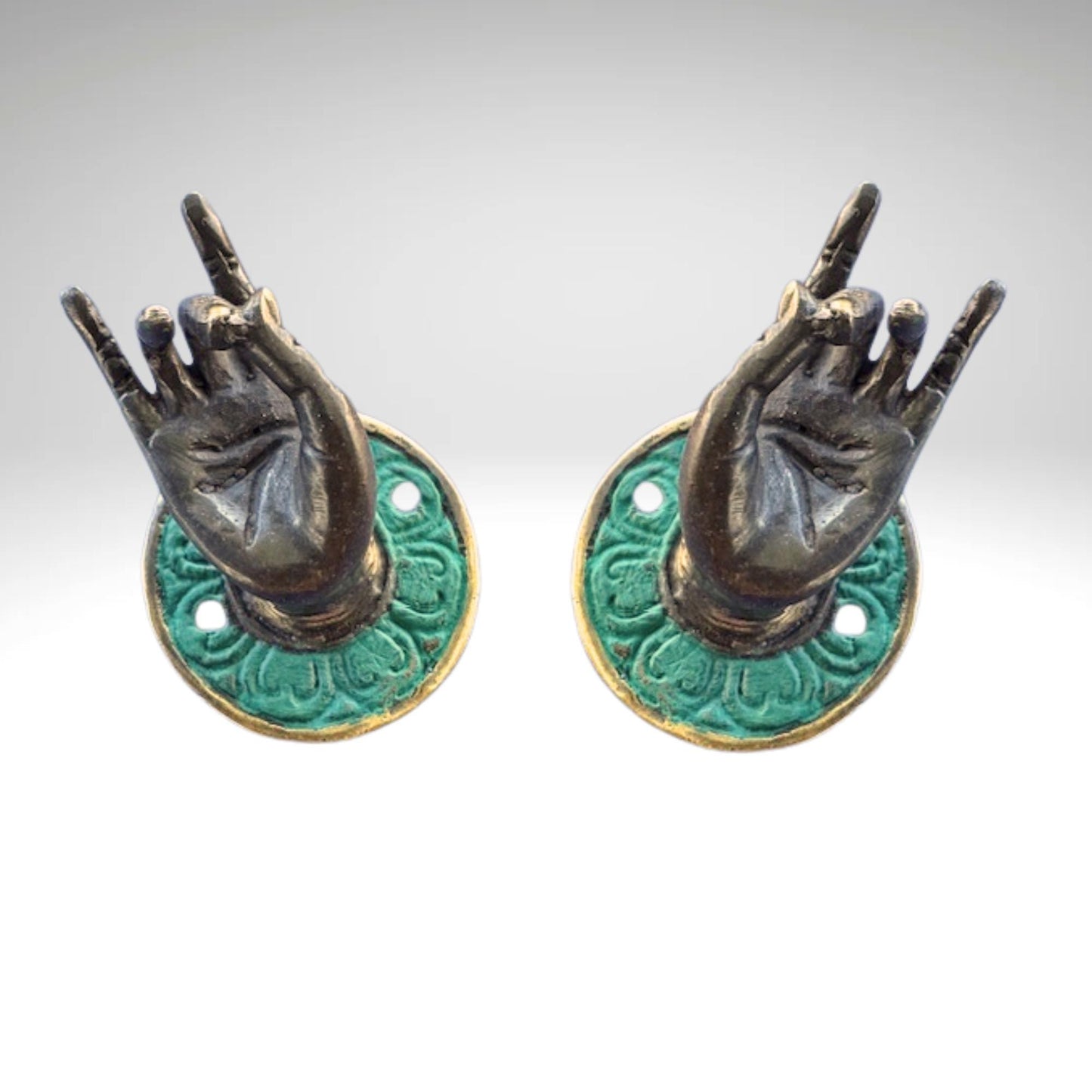 Vintage Buddha Mudra hands Bronze drawer pull knob hook handle Bali Art set 2