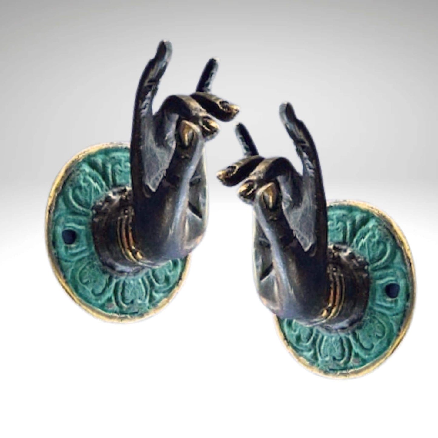 Vintage Buddha Mudra hands Bronze drawer pull knob hook handle Bali Art set 2
