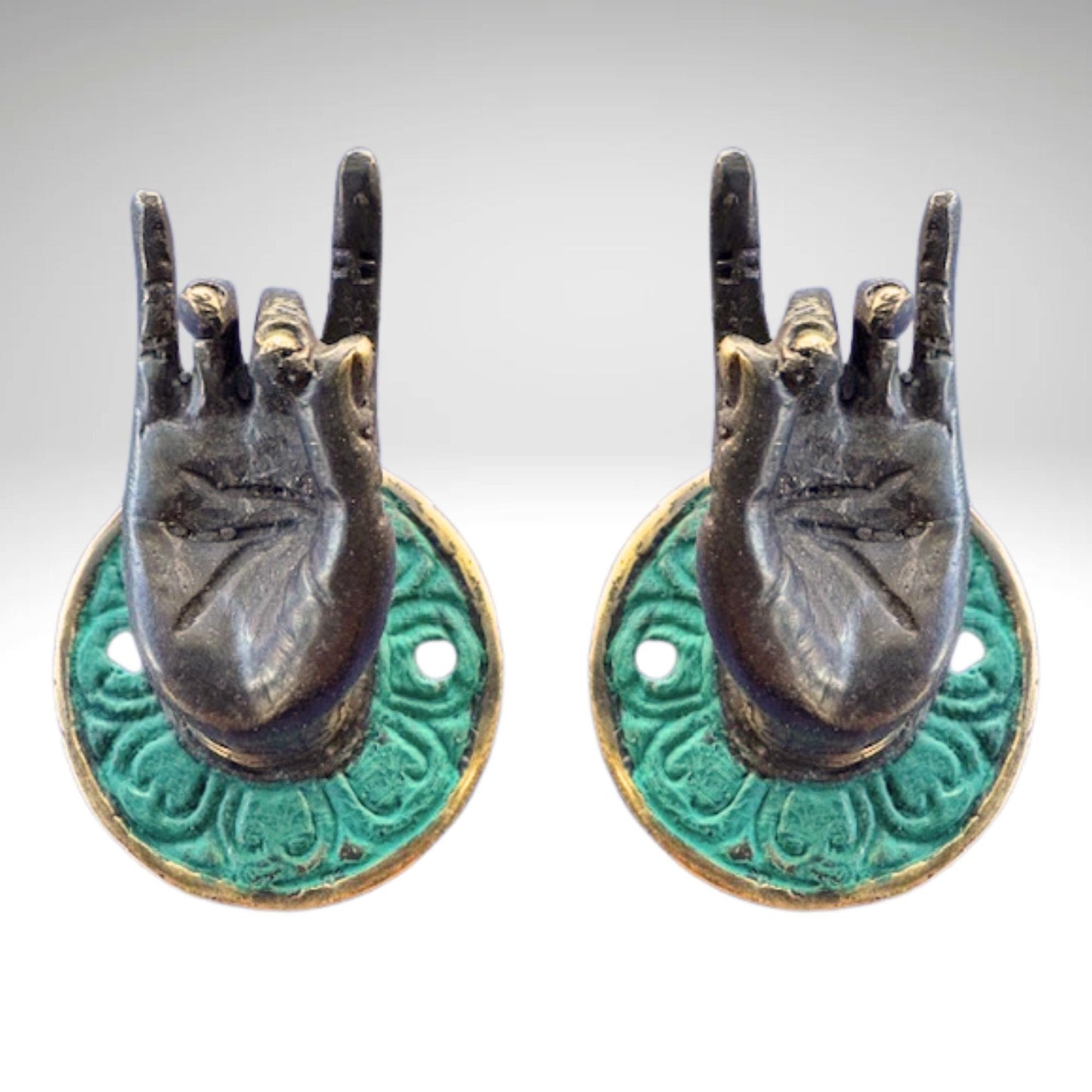 Vintage Buddha Mudra hands Bronze drawer pull knob hook handle Bali Art set 2
