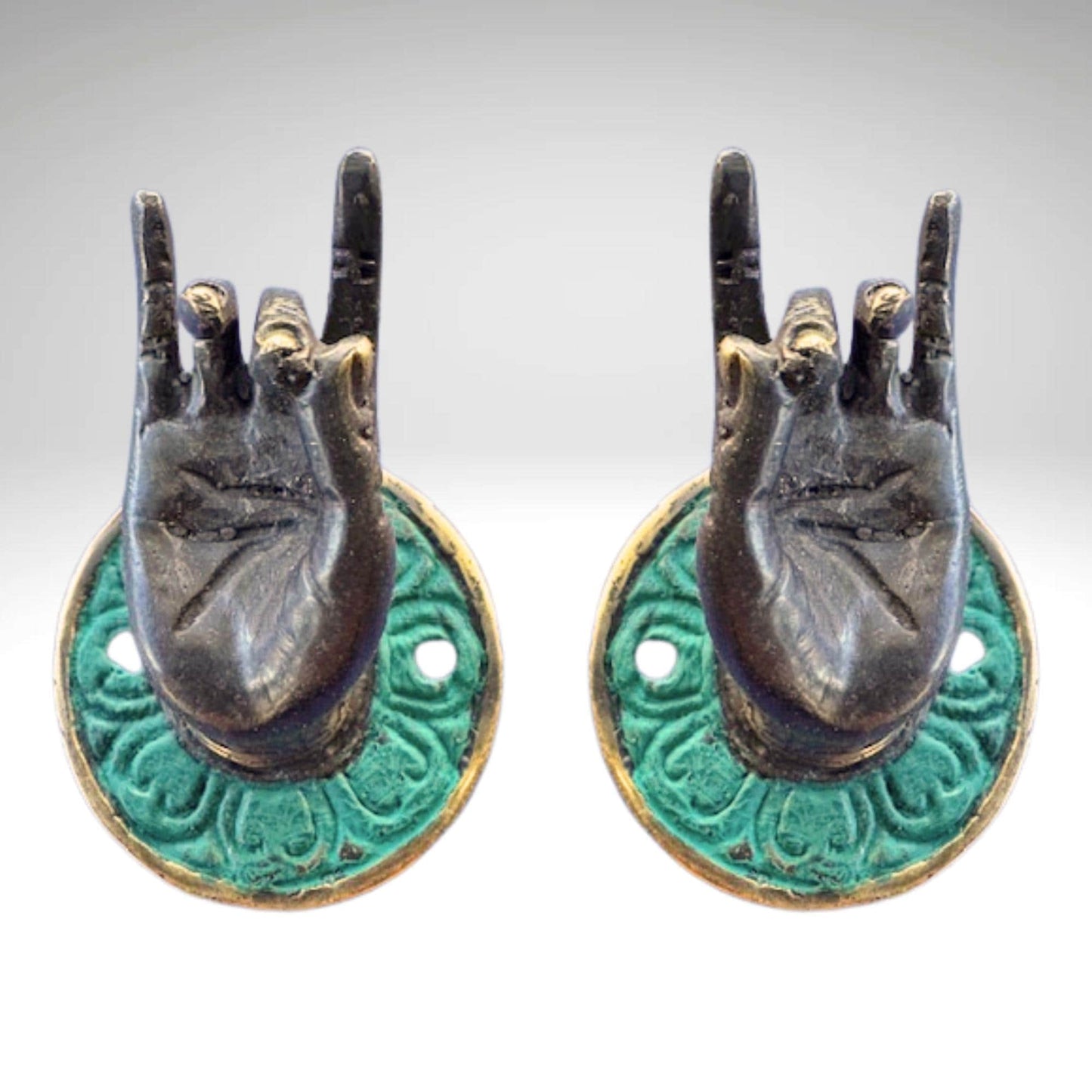 Vintage Buddha Mudra hands Bronze drawer pull knob hook handle Bali Art set 2