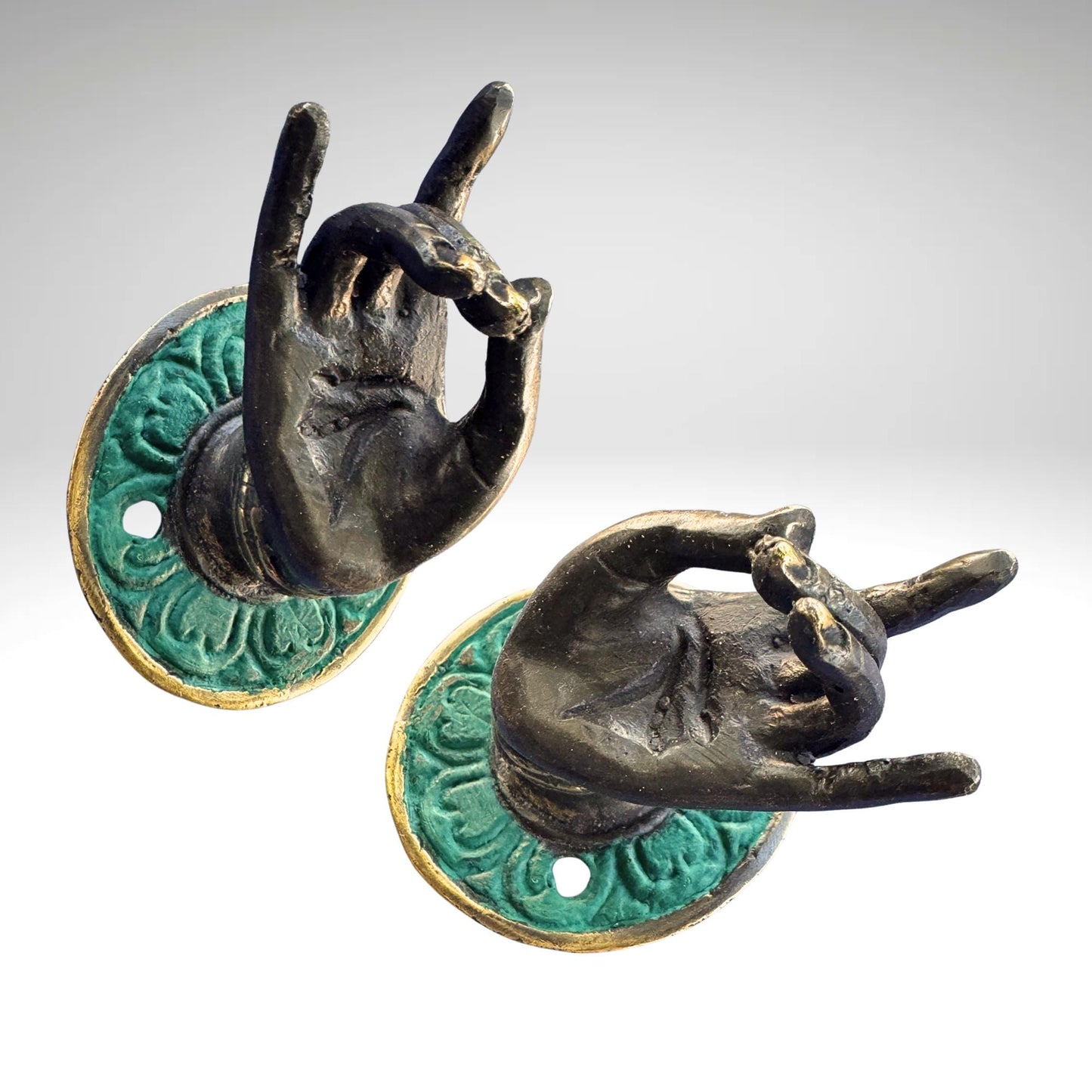 Vintage Buddha Mudra hands Bronze drawer pull knob hook handle Bali Art set 2