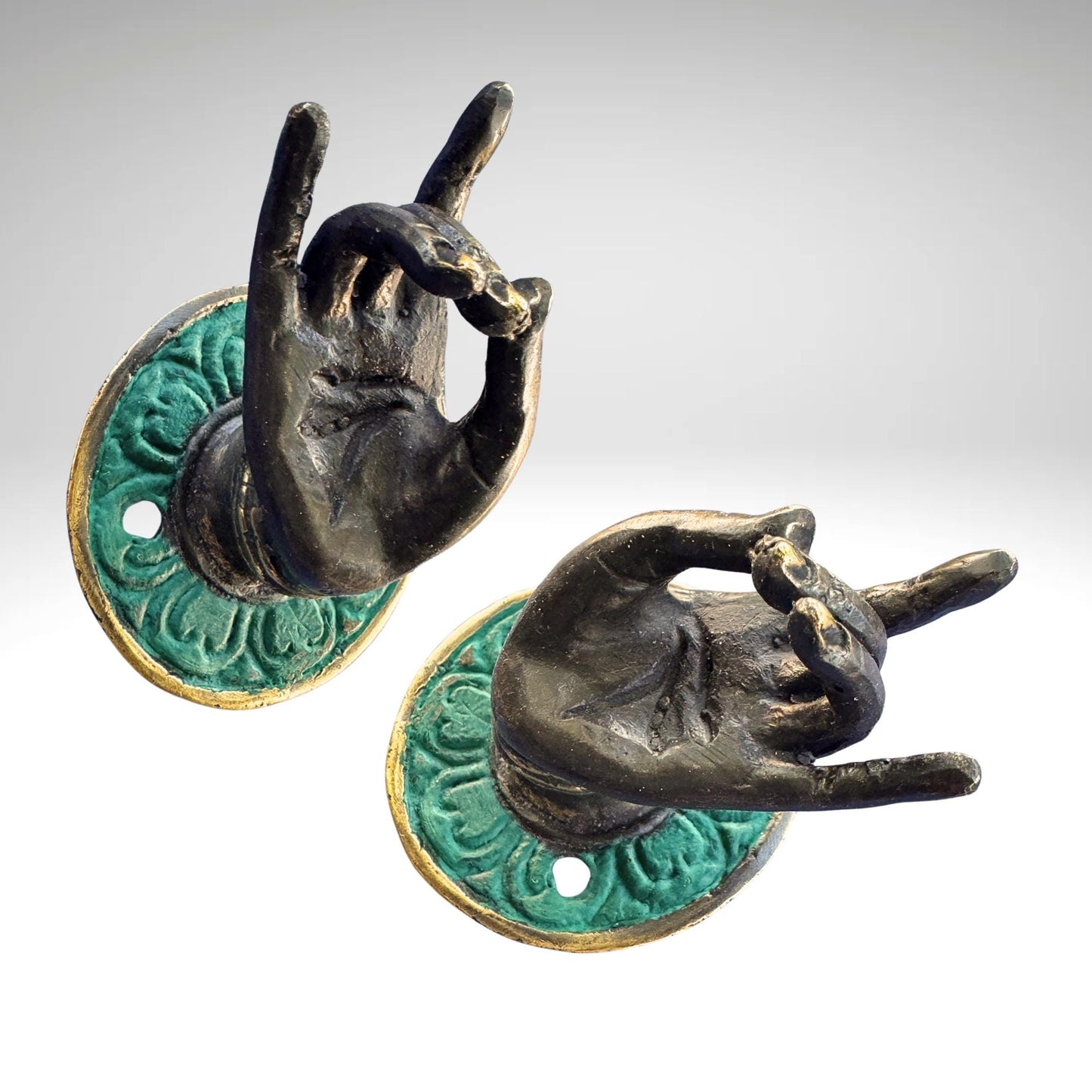 Vintage Buddha Mudra hands Bronze drawer pull knob hook handle Bali Art set 2