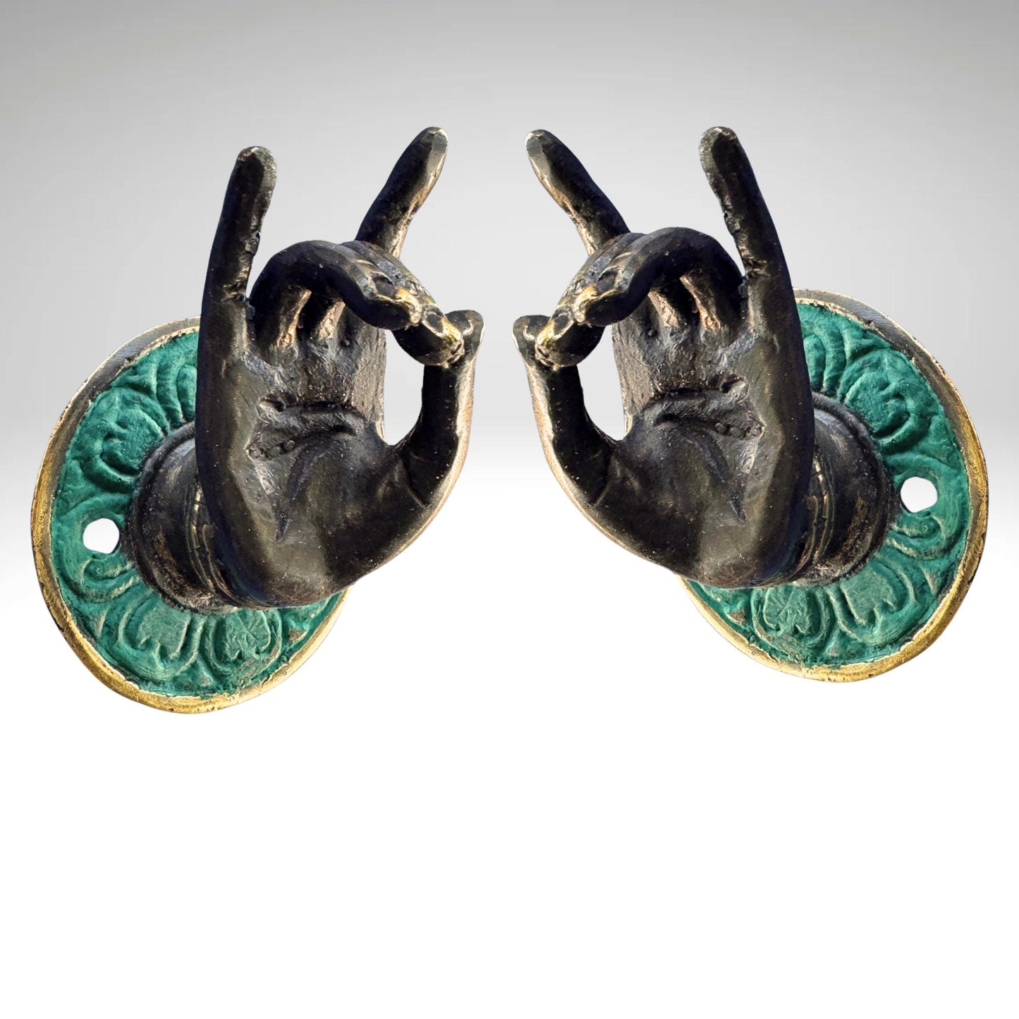 Vintage Buddha Mudra hands Bronze drawer pull knob hook handle Bali Art set 2