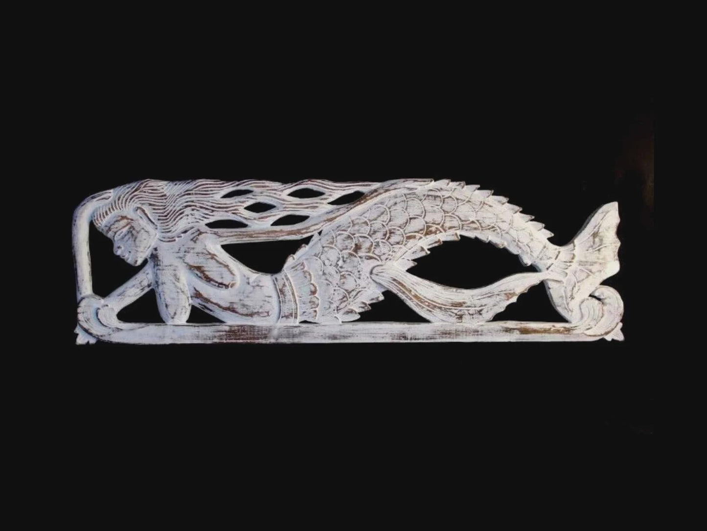 Mermaid Wall Art Sculpture | Balinese Hand Carved Wood Panel, Nautical Art
