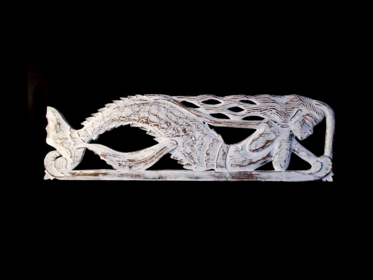 Mermaid Wall Art Sculpture | Balinese Hand Carved Wood Panel, Nautical Art