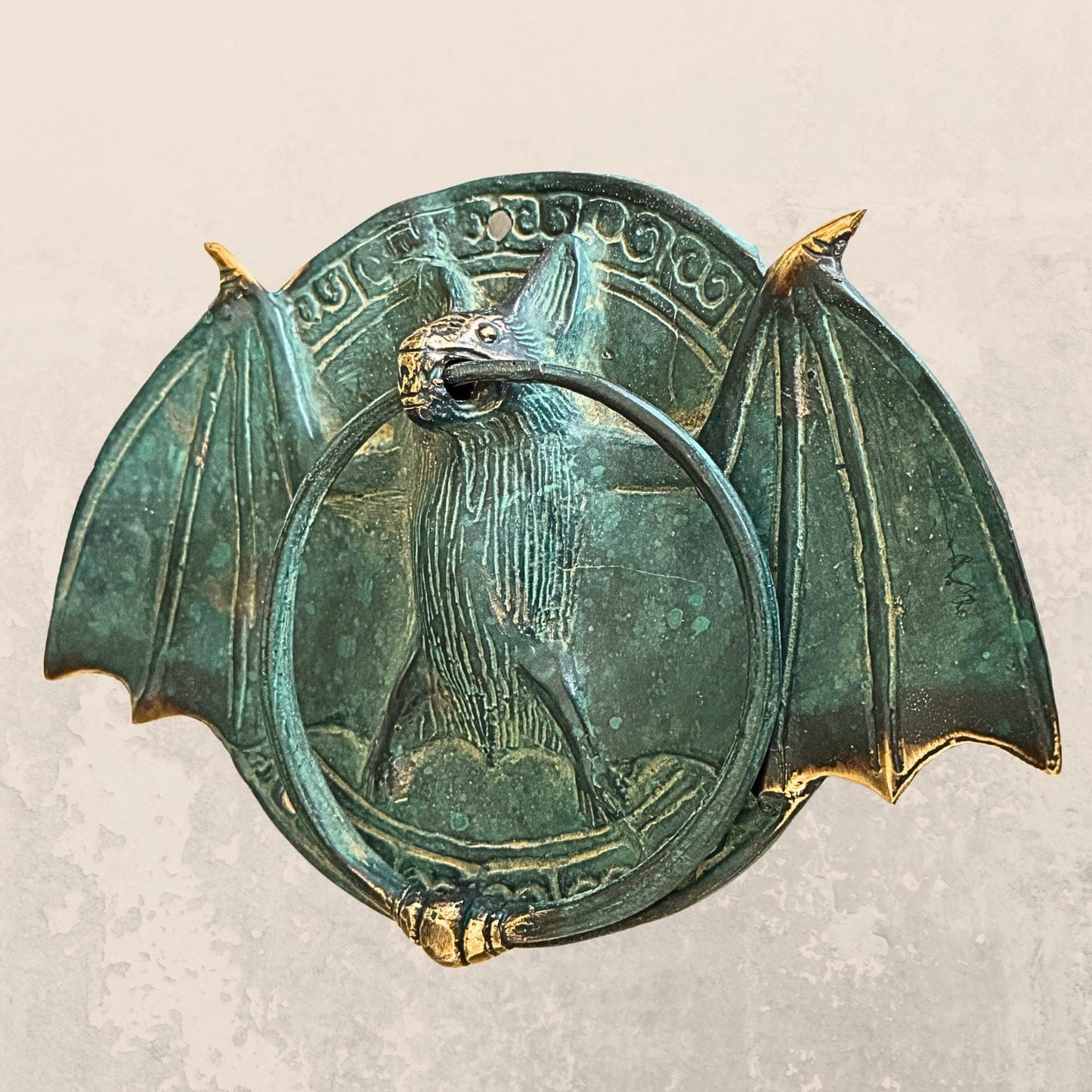 Gothic Bronze Bat Door Knocker: Metal Door Pull, Verdigris Patina, Bali Art