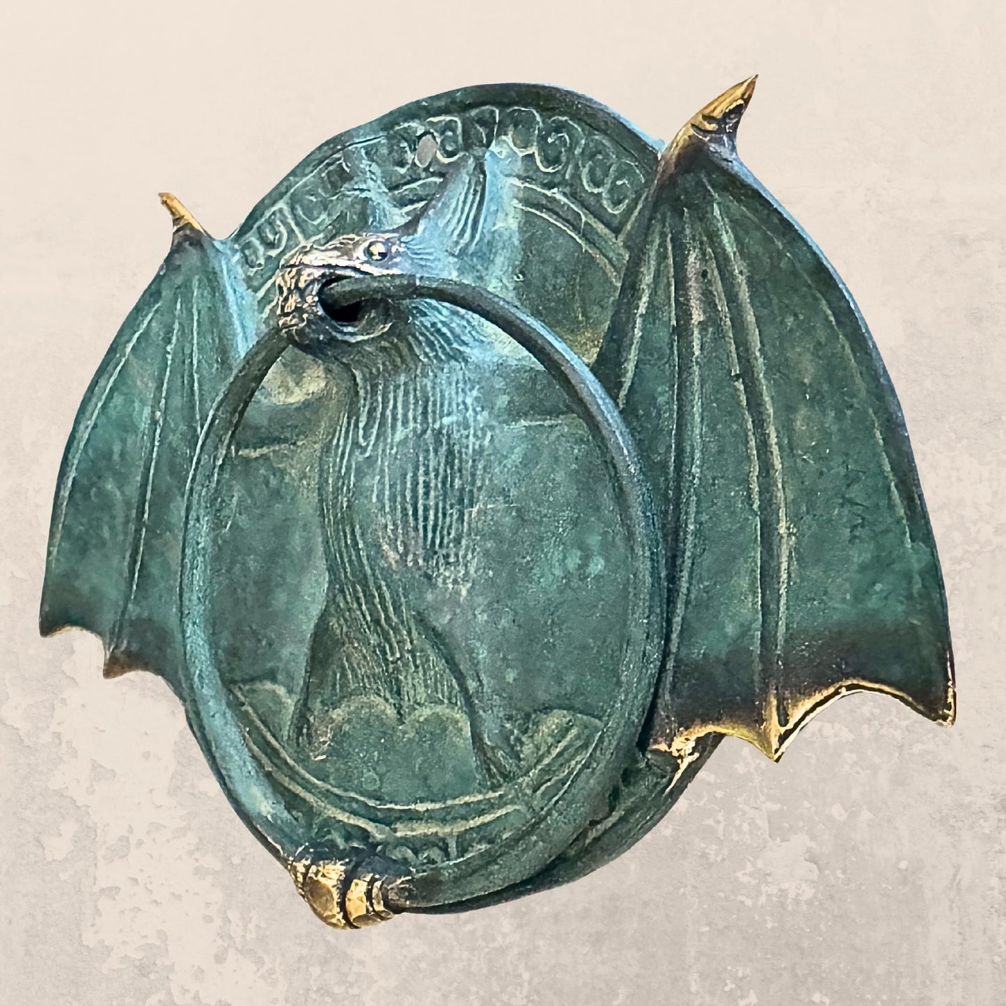 Gothic Bronze Bat Door Knocker: Metal Door Pull, Verdigris Patina, Bali Art