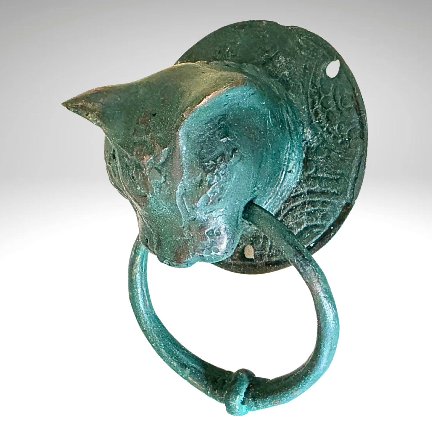 Cat Door Knocker handle knob Pull lost wax Cast Verdigris Bronze Bali Art