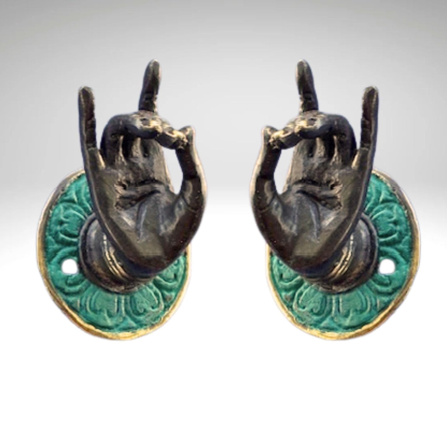 Vintage Buddha Mudra hands Bronze drawer pull knob hook handle Bali Art set 2