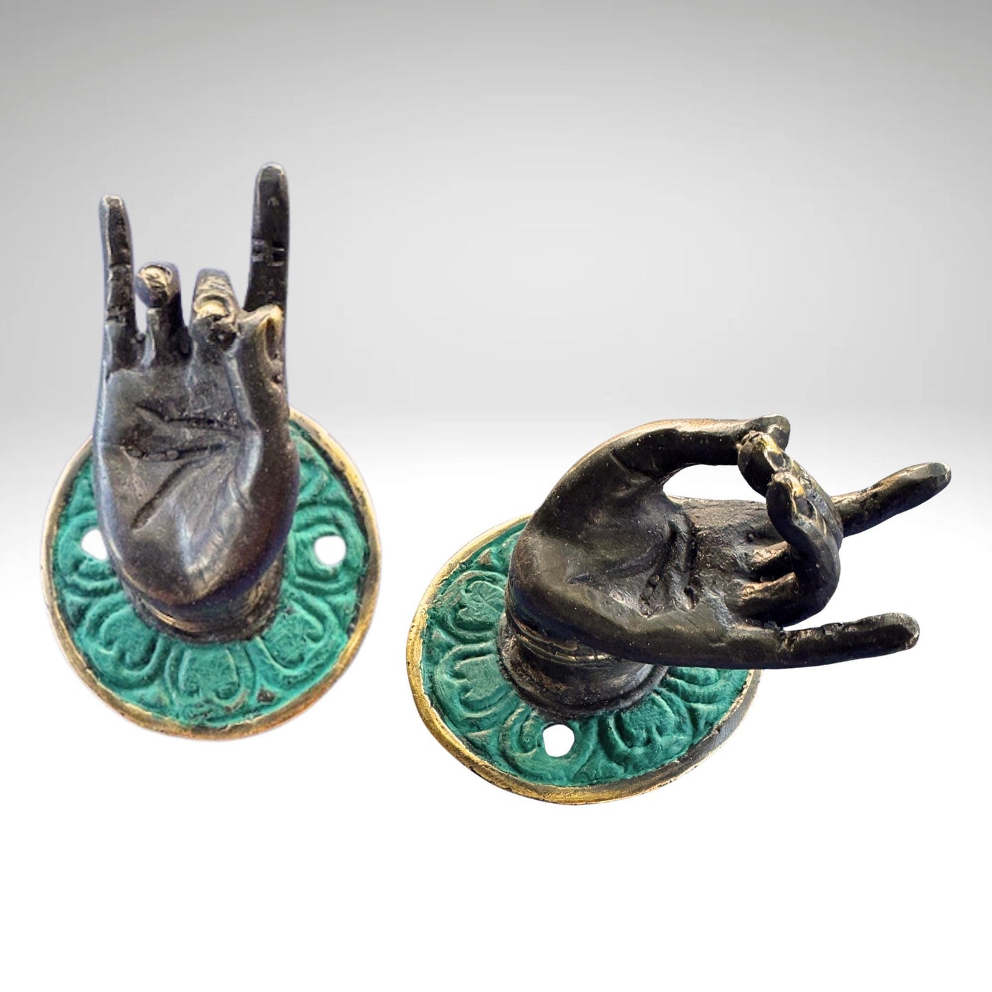 Vintage Buddha Mudra hands Bronze drawer pull knob hook handle Bali Art set 2