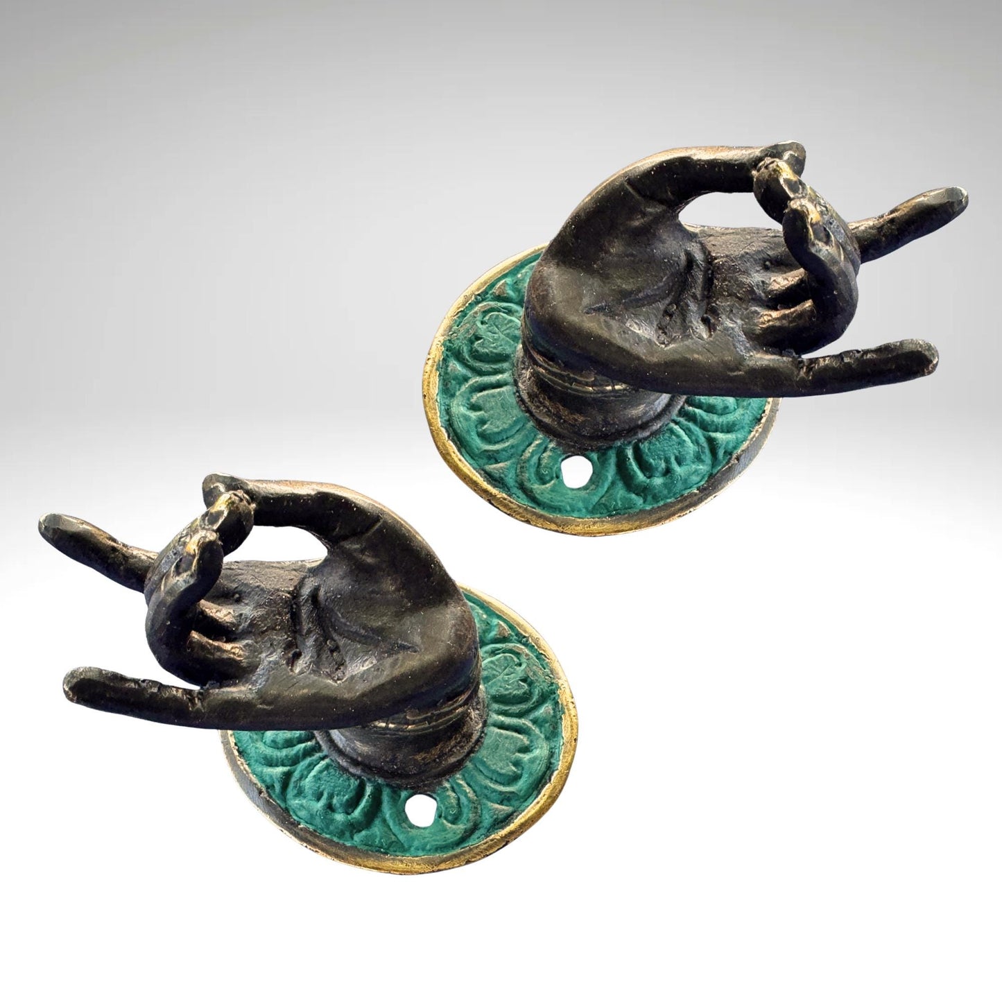 Vintage Buddha Mudra hands Bronze drawer pull knob hook handle Bali Art set 2