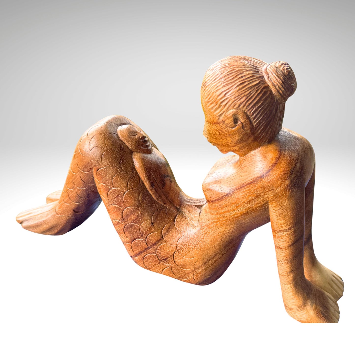 Hand Carved Mermaid Mother & Baby Statue: Balinese Wood Carving Sculpture, Bali Art
