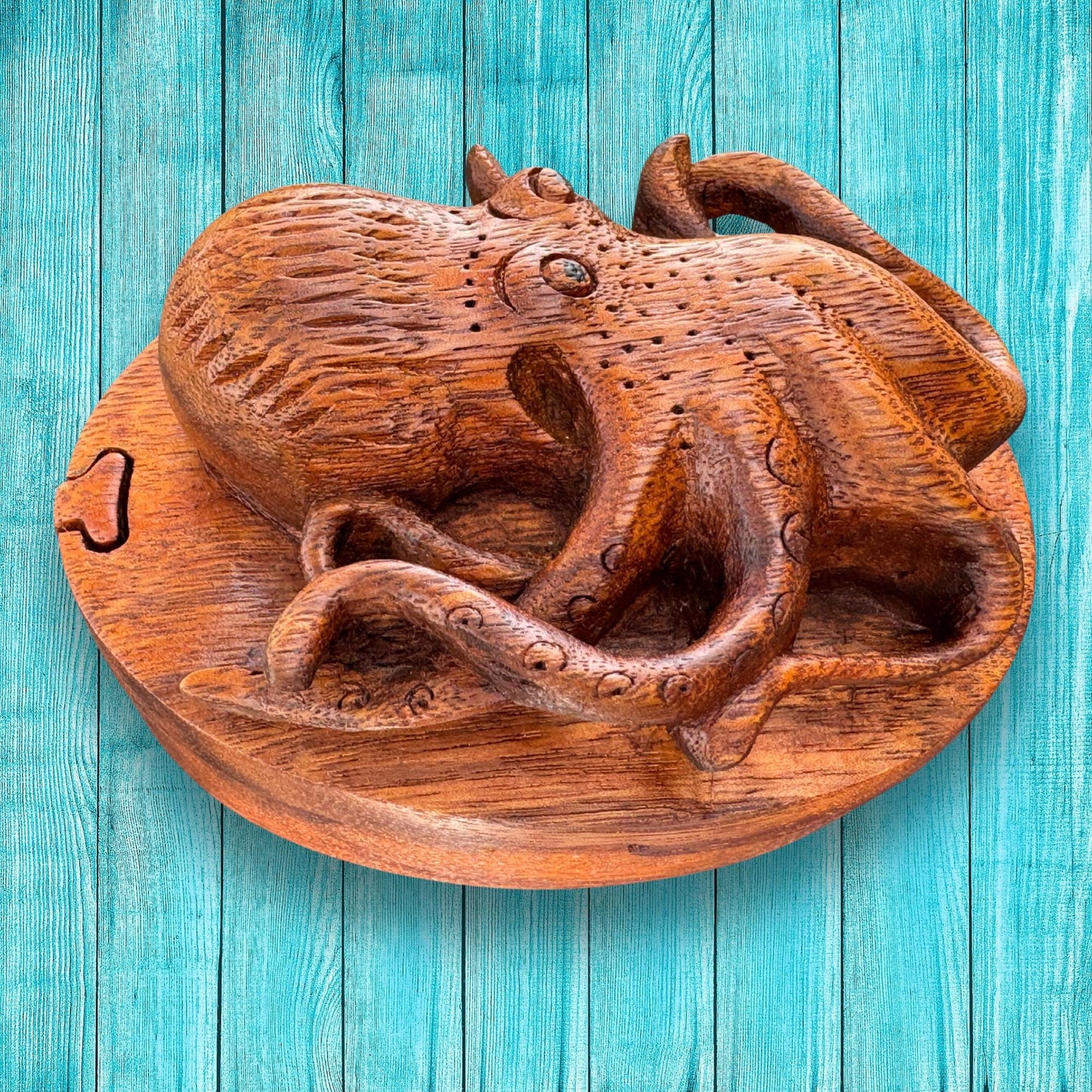 Hand Carved Octopus Puzzle Box: Suar Wood Nautical Stash Box