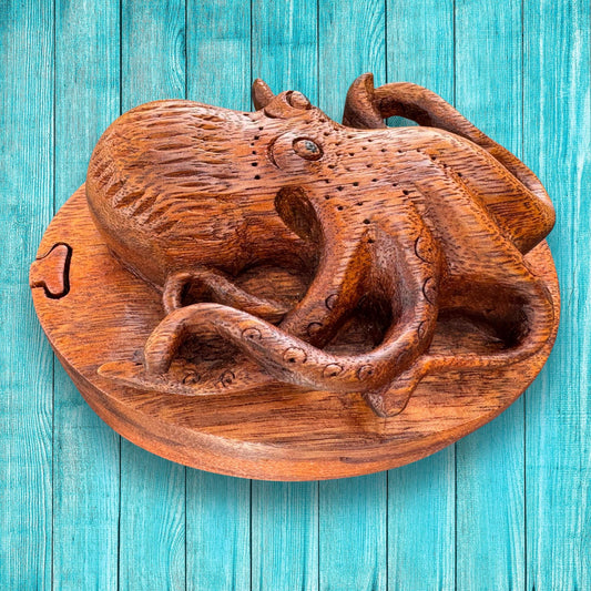 Hand Carved Octopus Puzzle Box: Suar Wood Nautical Stash Box