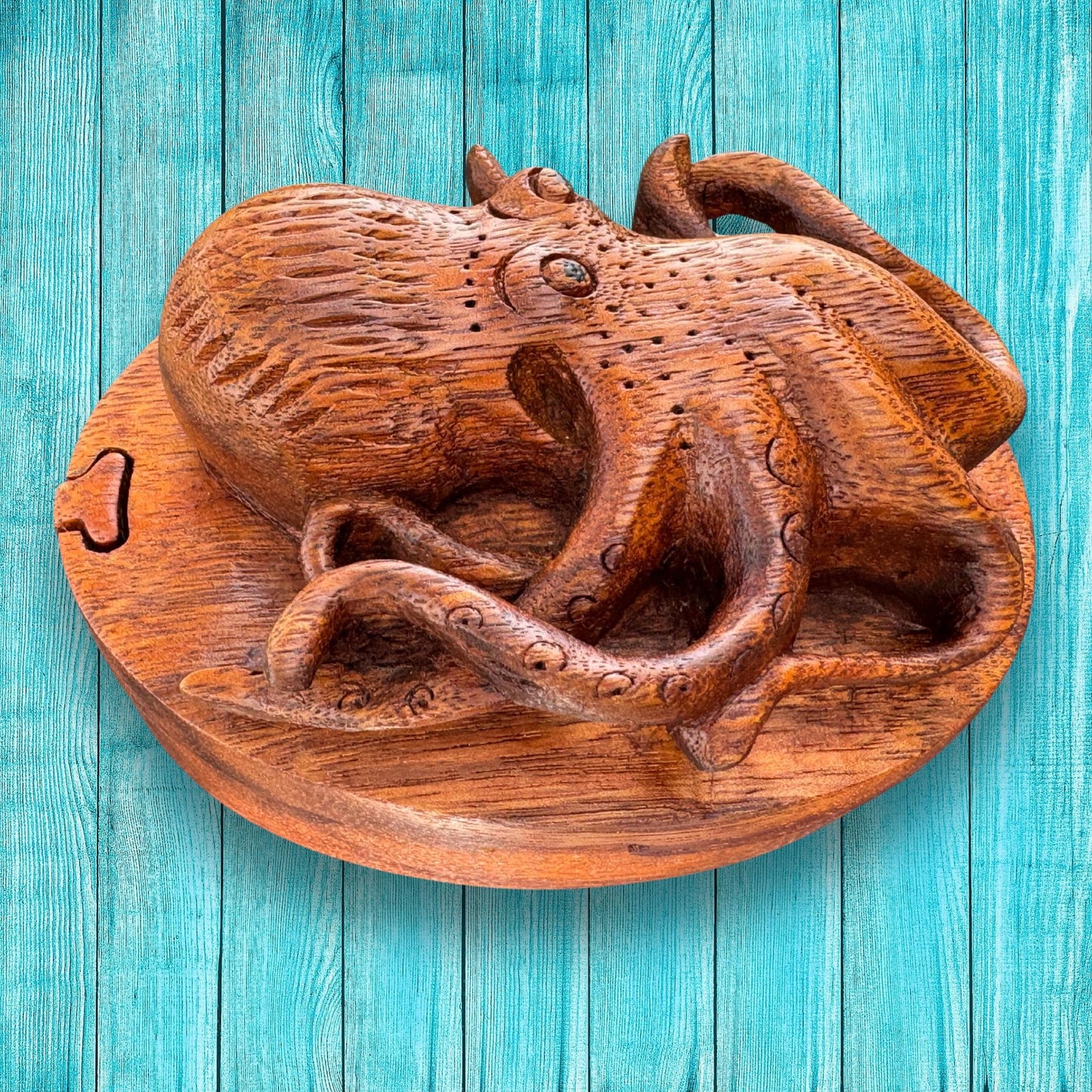Hand Carved Octopus Puzzle Box: Suar Wood Nautical Stash Box