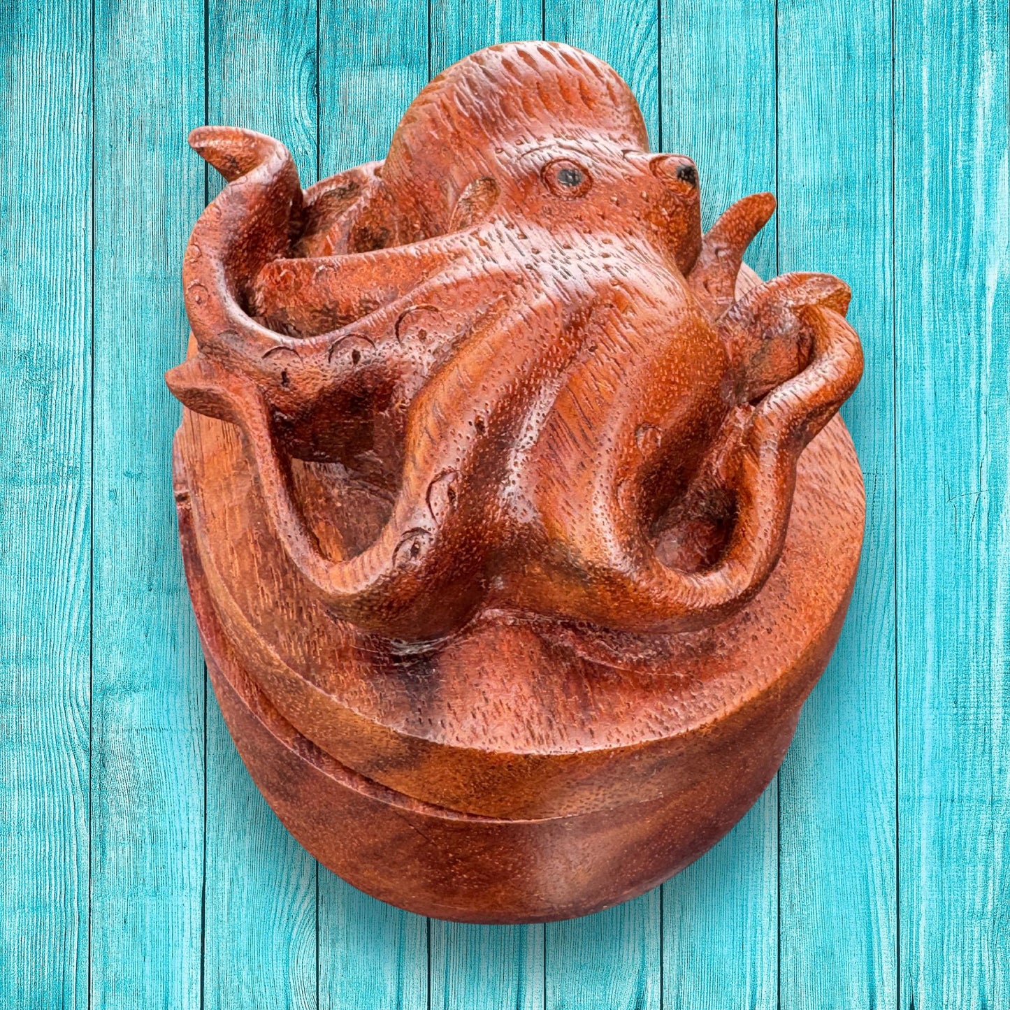 Hand Carved Octopus Puzzle Box: Suar Wood Nautical Stash Box