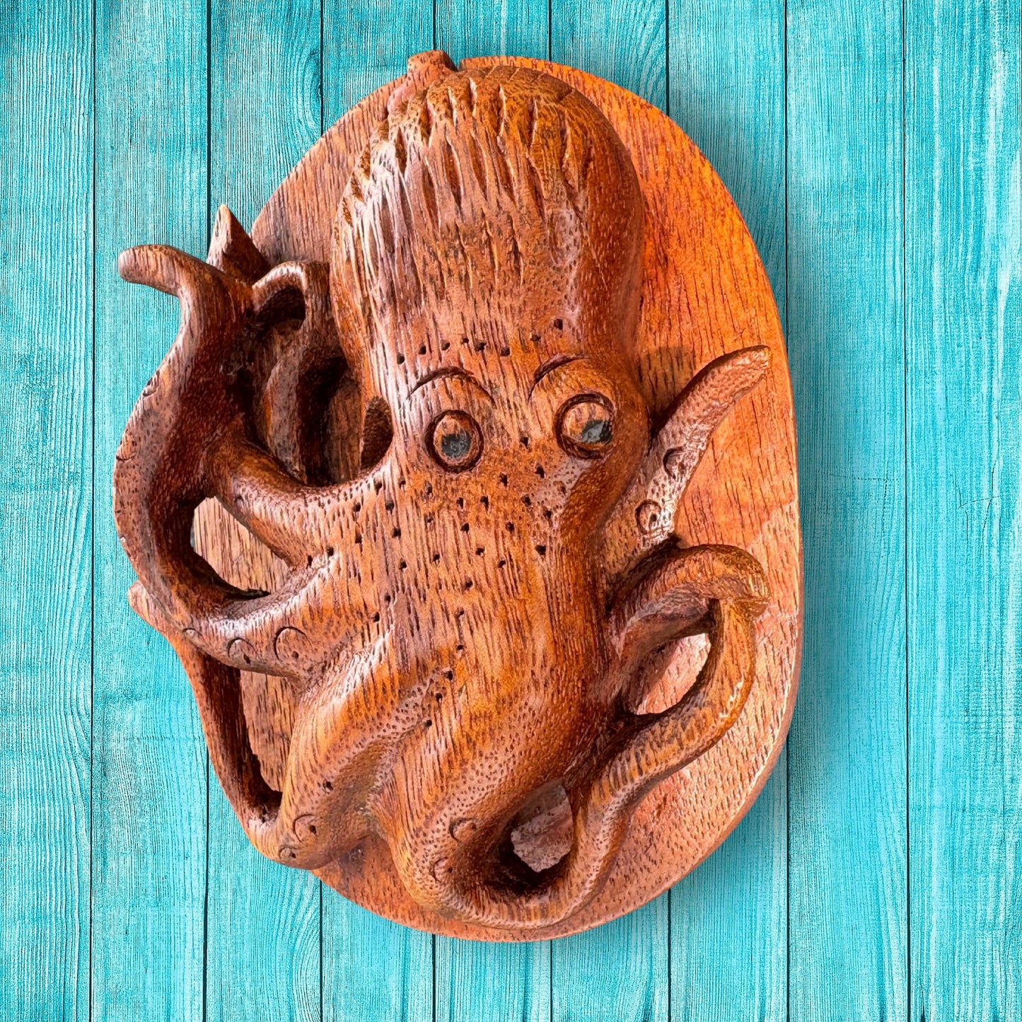 Hand Carved Octopus Puzzle Box: Suar Wood Nautical Stash Box