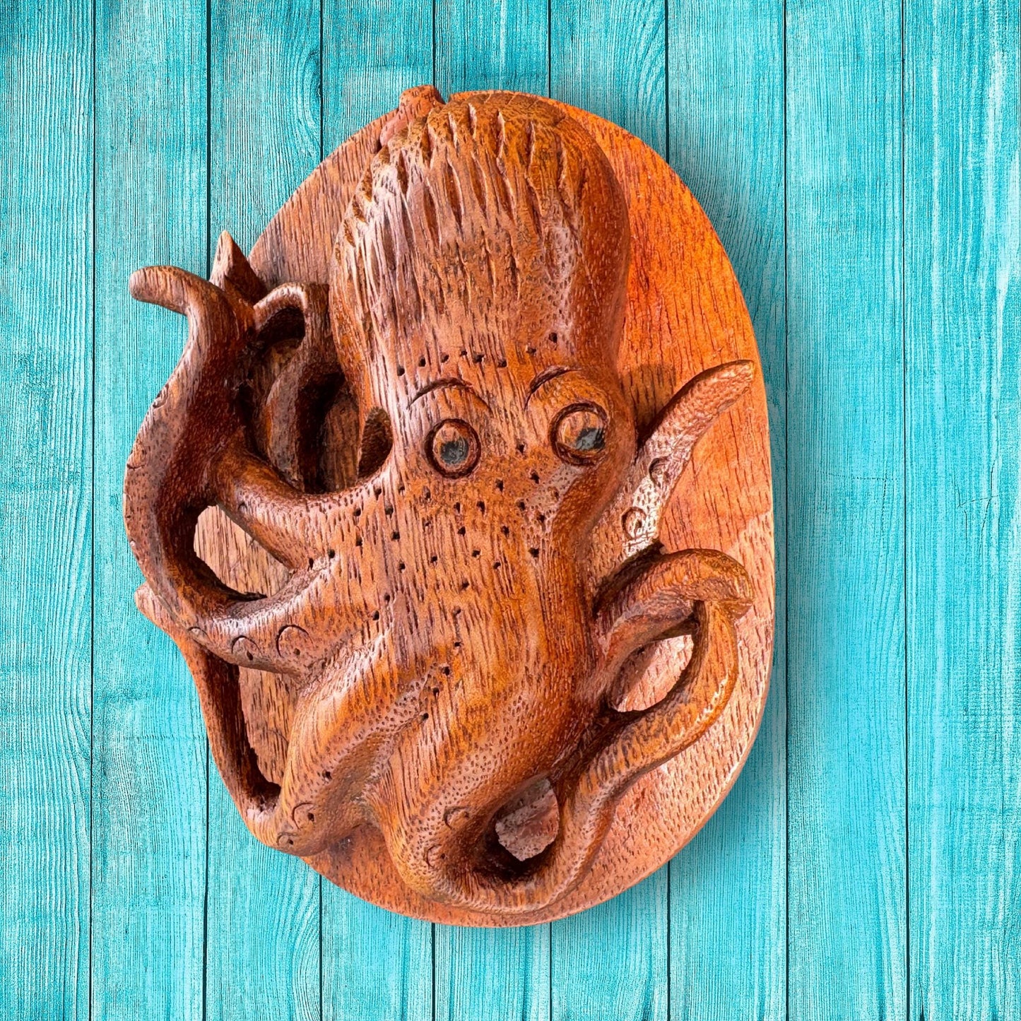 Hand Carved Octopus Puzzle Box: Suar Wood Nautical Stash Box