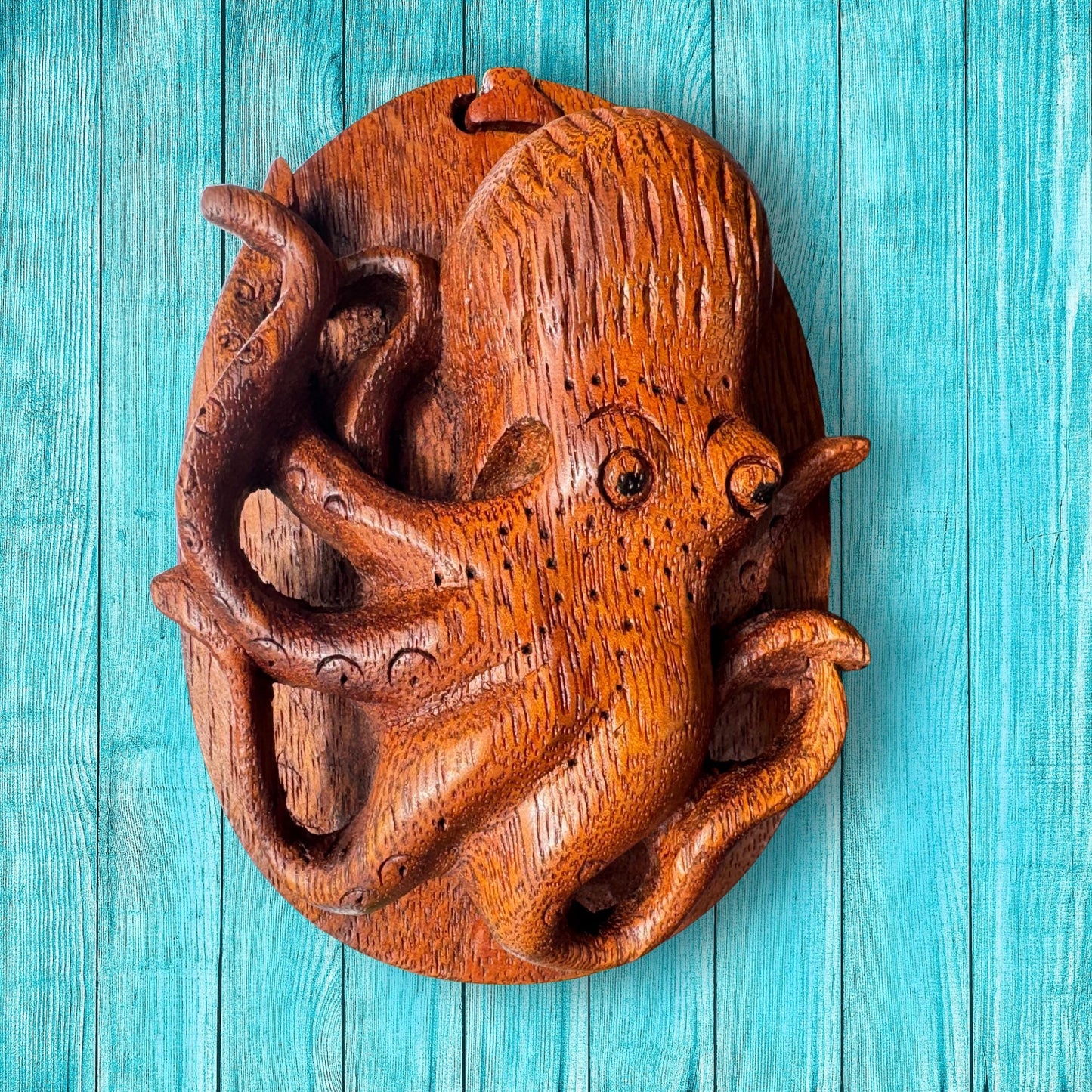 Hand Carved Octopus Puzzle Box: Suar Wood Nautical Stash Box