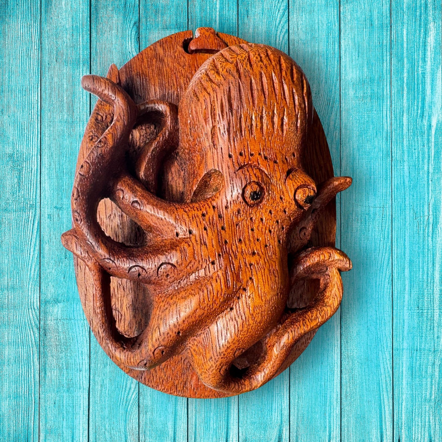 Hand Carved Octopus Puzzle Box: Suar Wood Nautical Stash Box