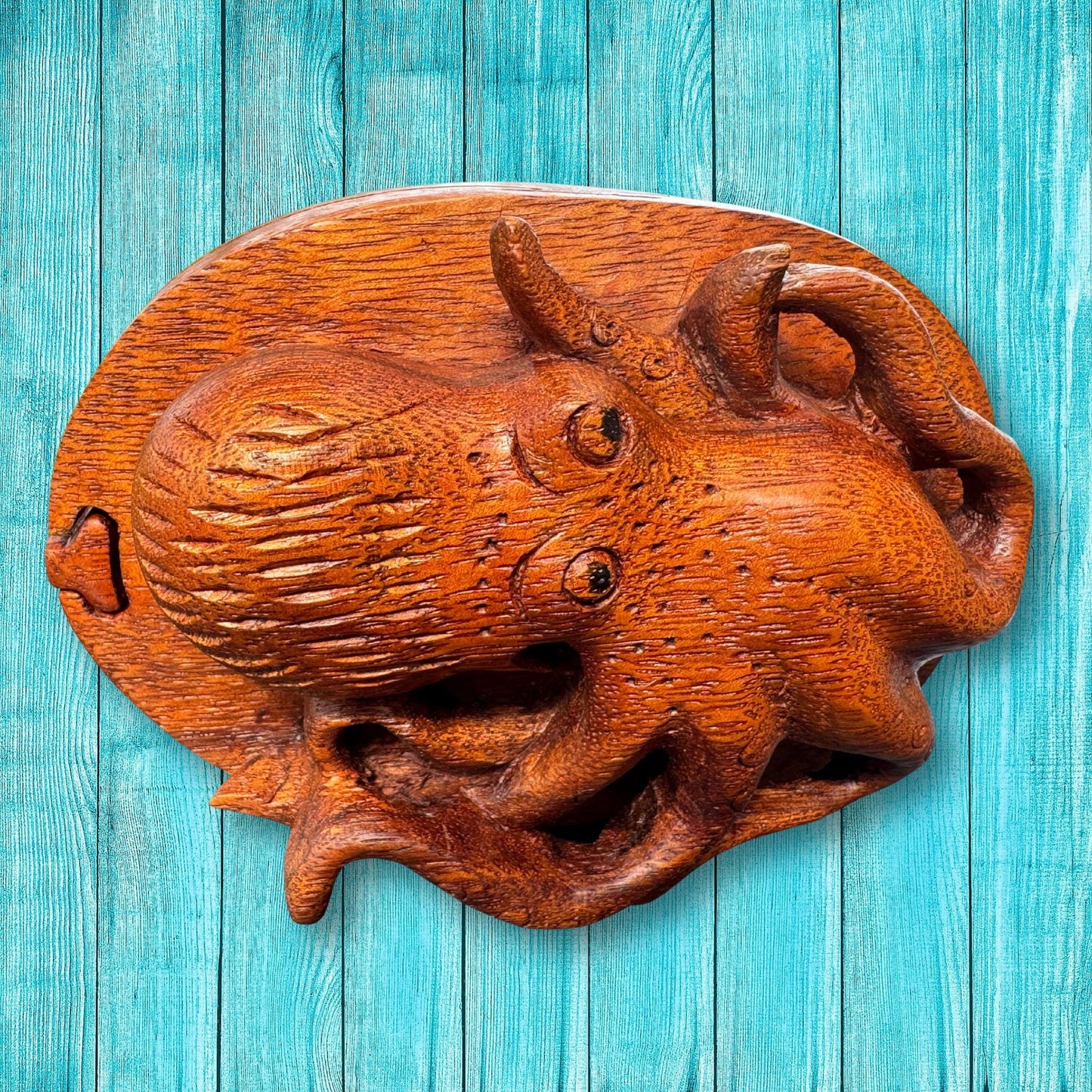 Hand Carved Octopus Puzzle Box: Suar Wood Nautical Stash Box