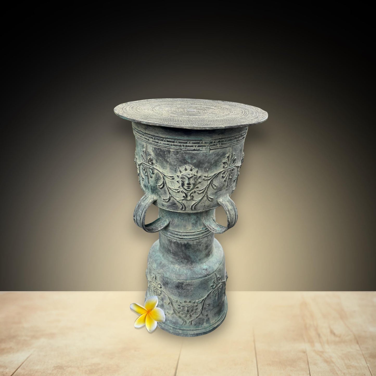 Vintage Balinese Bronze Rain Drum garden Table: Verdigris Patina, Indonesia Art 1