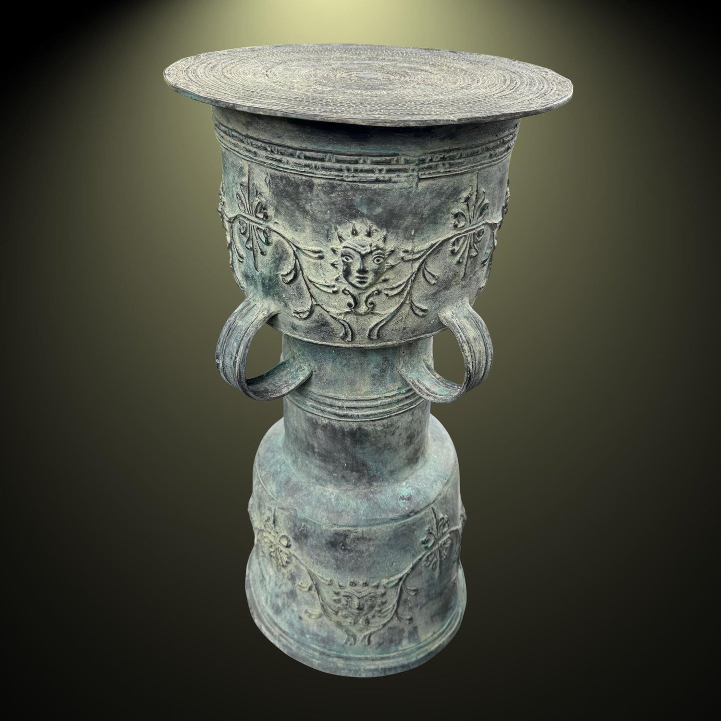 Vintage Balinese Bronze Rain Drum garden Table: Verdigris Patina, Indonesia Art 1