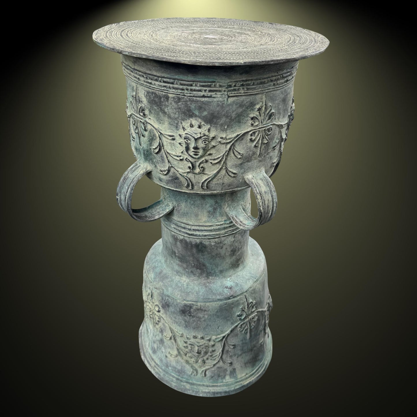 Vintage Balinese Bronze Rain Drum garden Table: Verdigris Patina, Indonesia Art 1