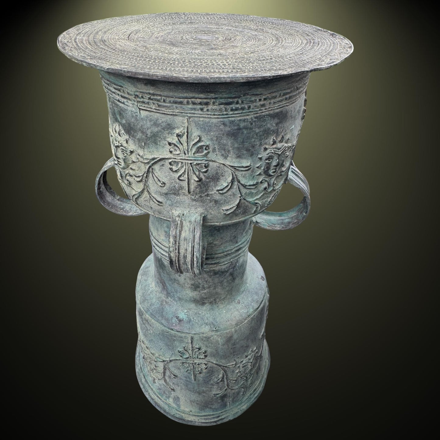 Vintage Balinese Bronze Rain Drum garden Table: Verdigris Patina, Indonesia Art 1