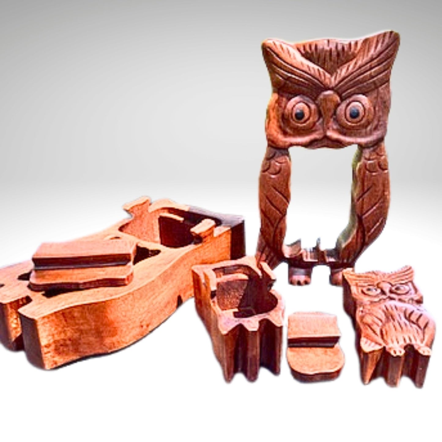 Hand Carved Owl Puzzle Box: Suar Wood Trinket Stash Jewelry , Bali Art
