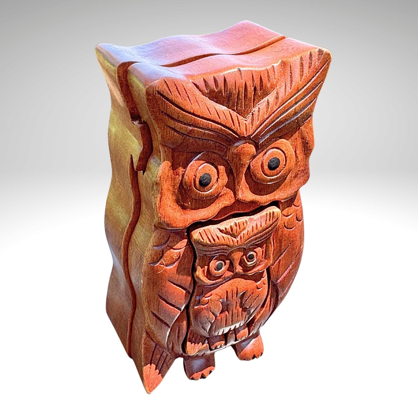 Hand Carved Owl Puzzle Box: Suar Wood Trinket Stash Jewelry , Bali Art