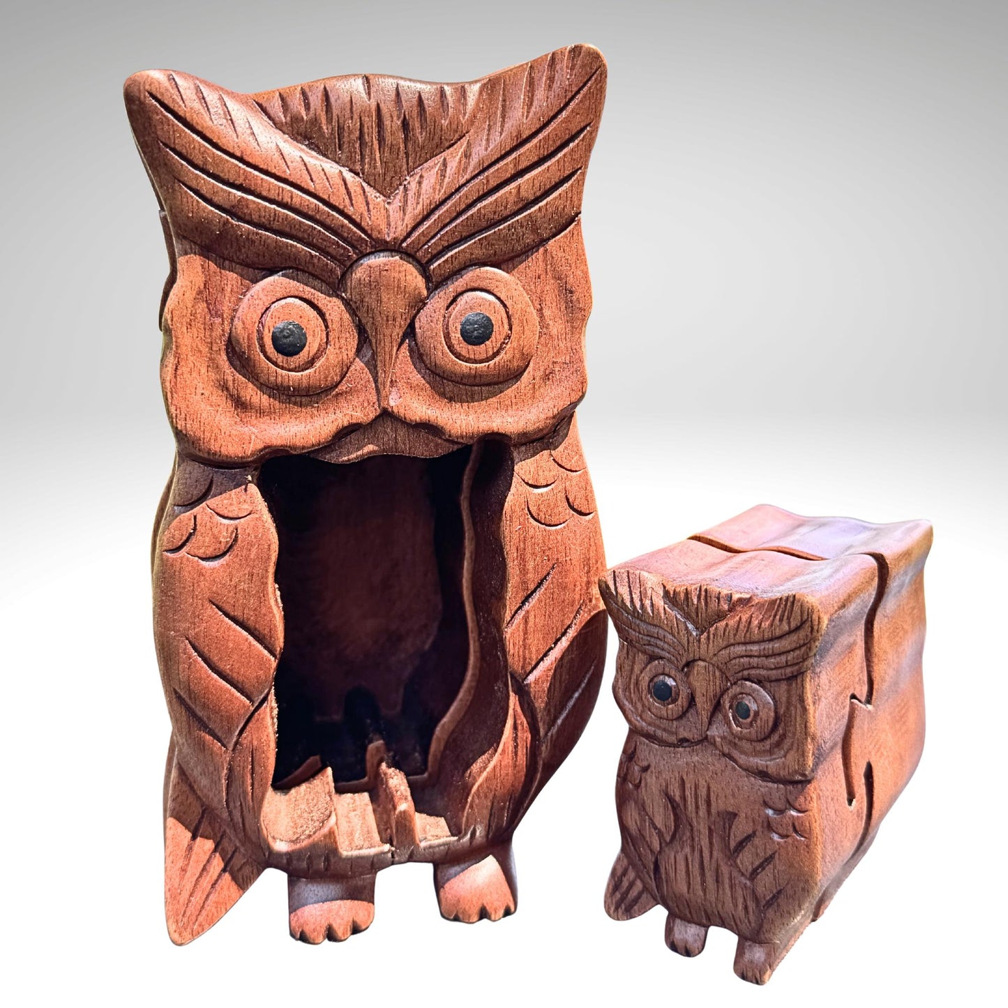 Hand Carved Owl Puzzle Box: Suar Wood Trinket Stash Jewelry , Bali Art
