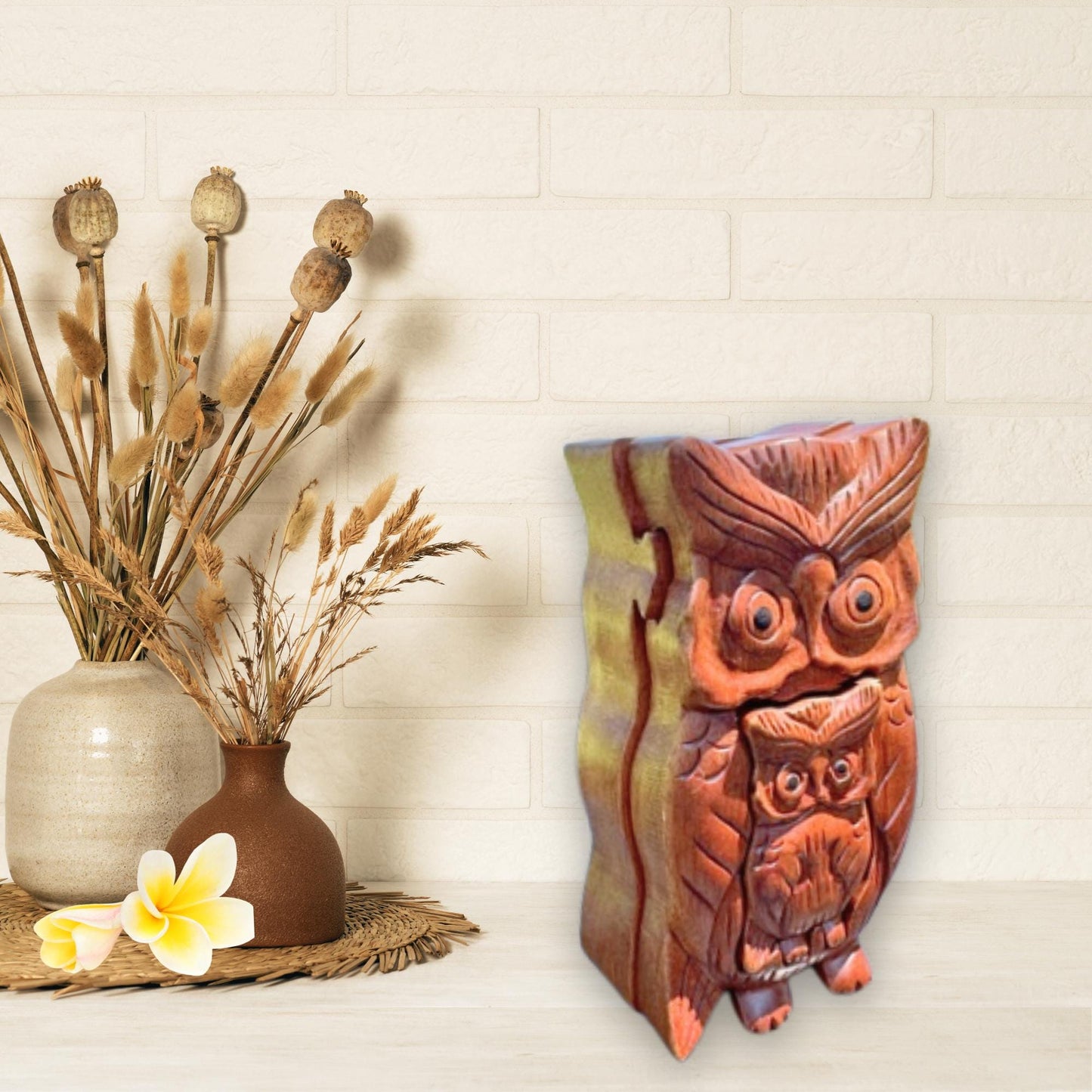 Hand Carved Owl Puzzle Box: Suar Wood Trinket Stash Jewelry , Bali Art