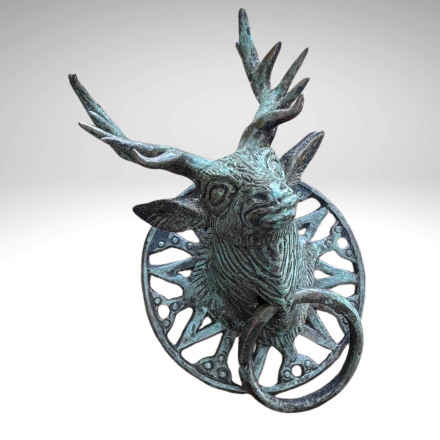 Verdigris Bronze Deer Door Knocker: Balinese Cast Architectural Art