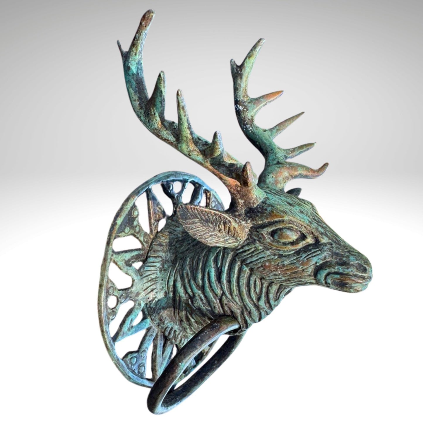 Verdigris Bronze Deer Door Knocker: Balinese Cast Architectural Art