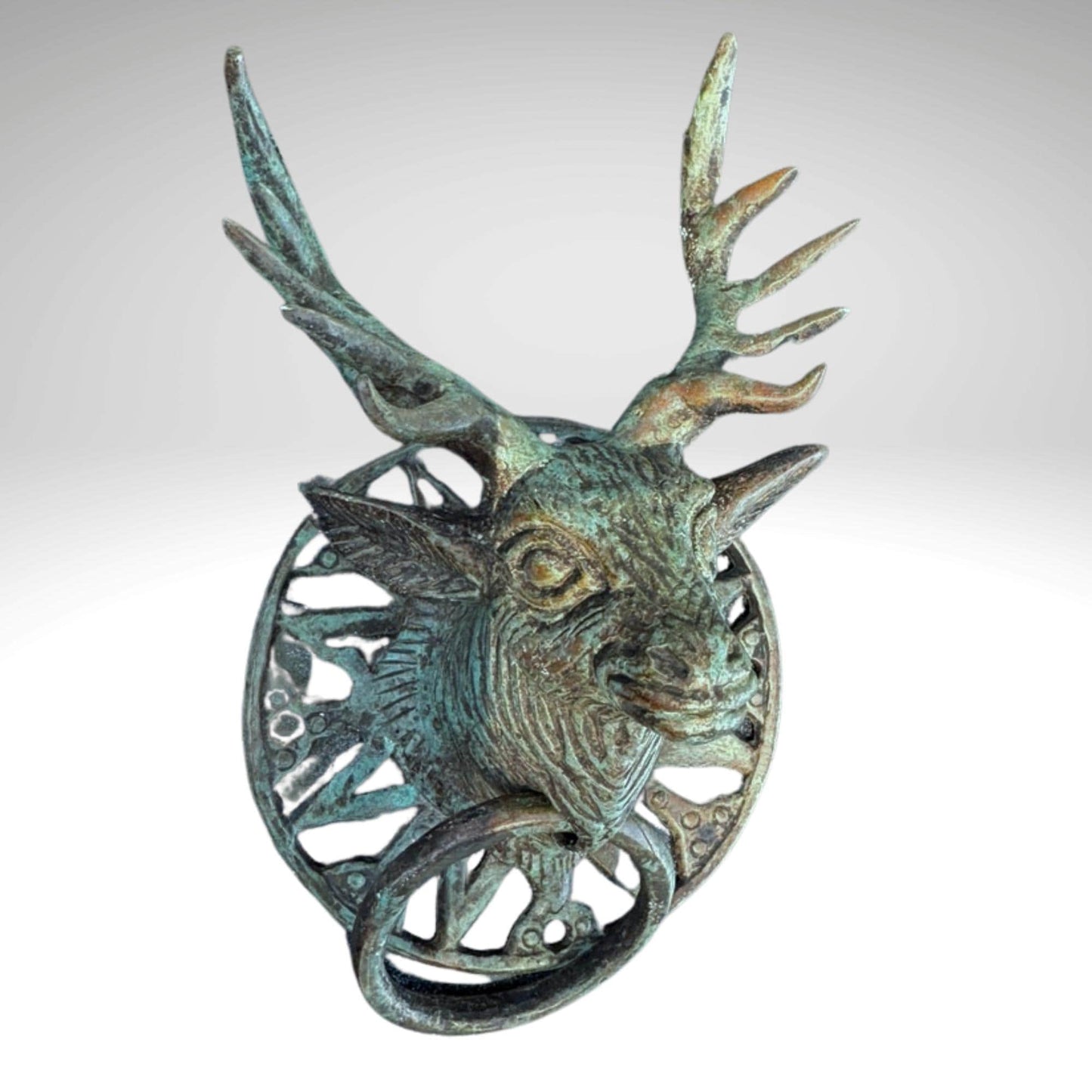 Verdigris Bronze Deer Door Knocker: Balinese Cast Architectural Art
