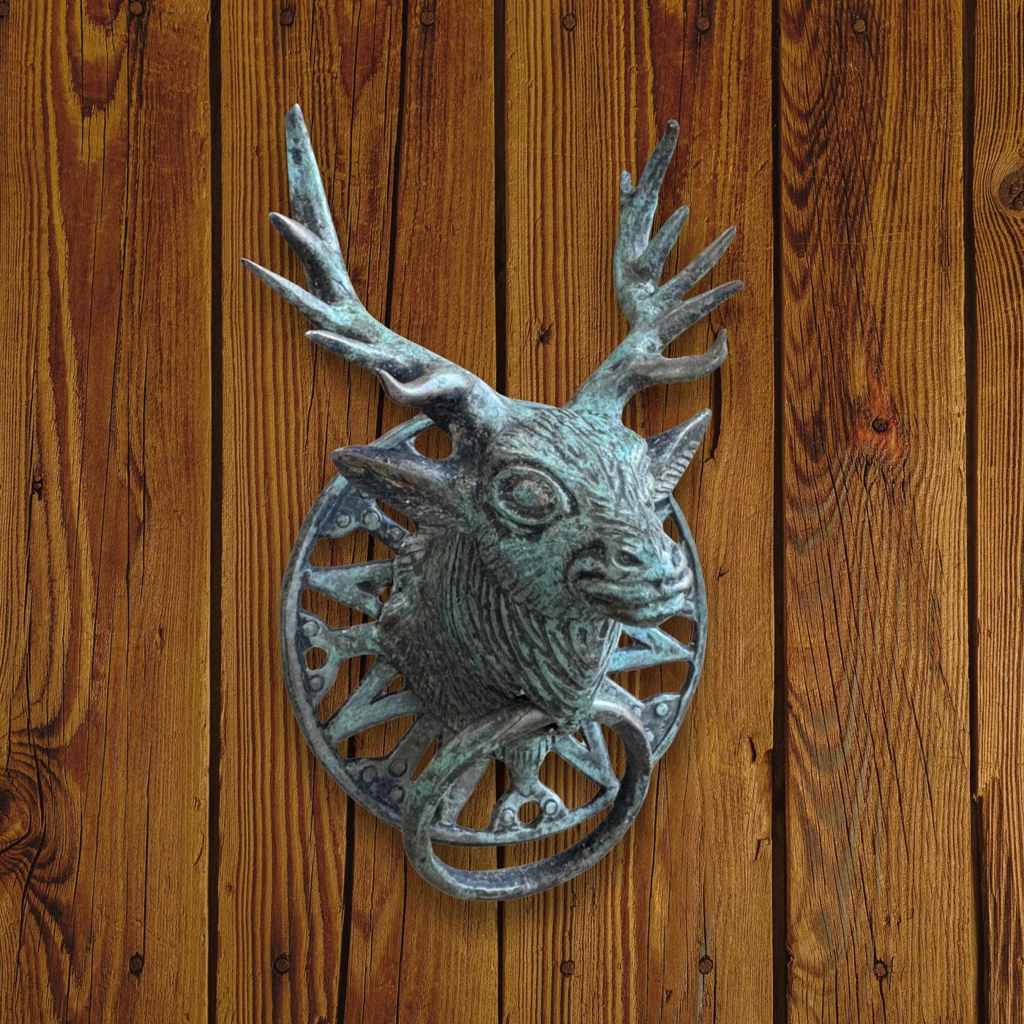Verdigris Bronze Deer Door Knocker: Balinese Cast Architectural Art