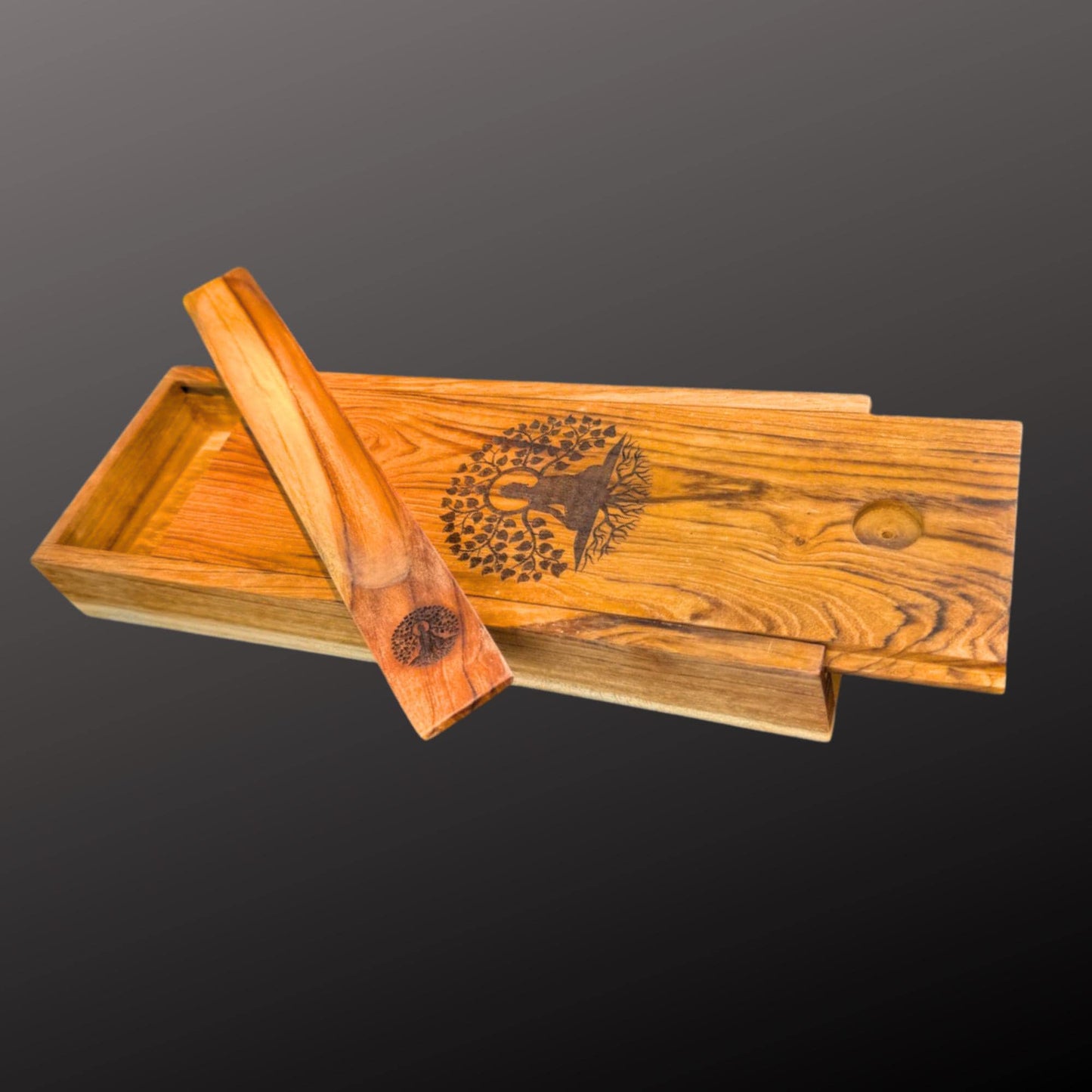Teak Wood Incense Box with Ash Catcher: Balinese Mandala, Buddha, or Goddess